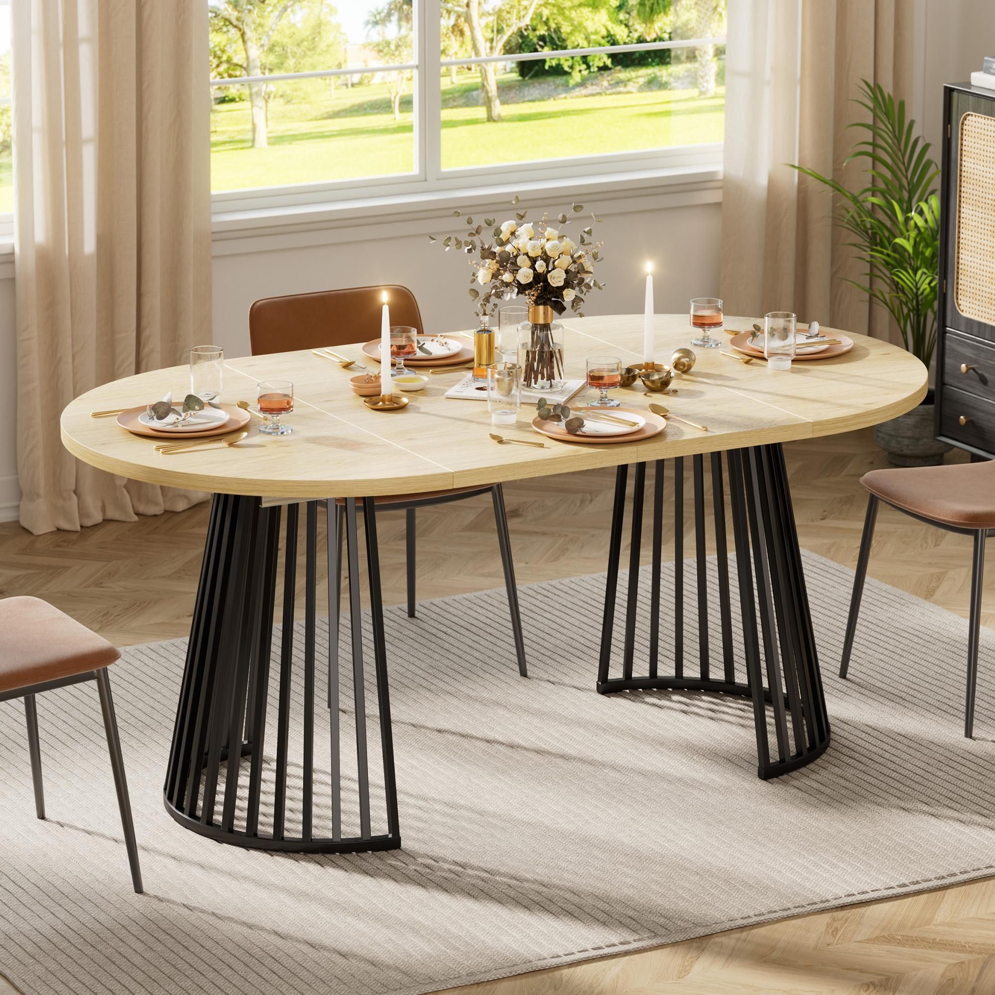 Runder Ausziehbarer Tisch für Esszimmer, 100-180cm 4-8 Personen, Esstisch Skandinavische Loft-Stil Saulengestell mit Rillenstruktu Metallbeinen