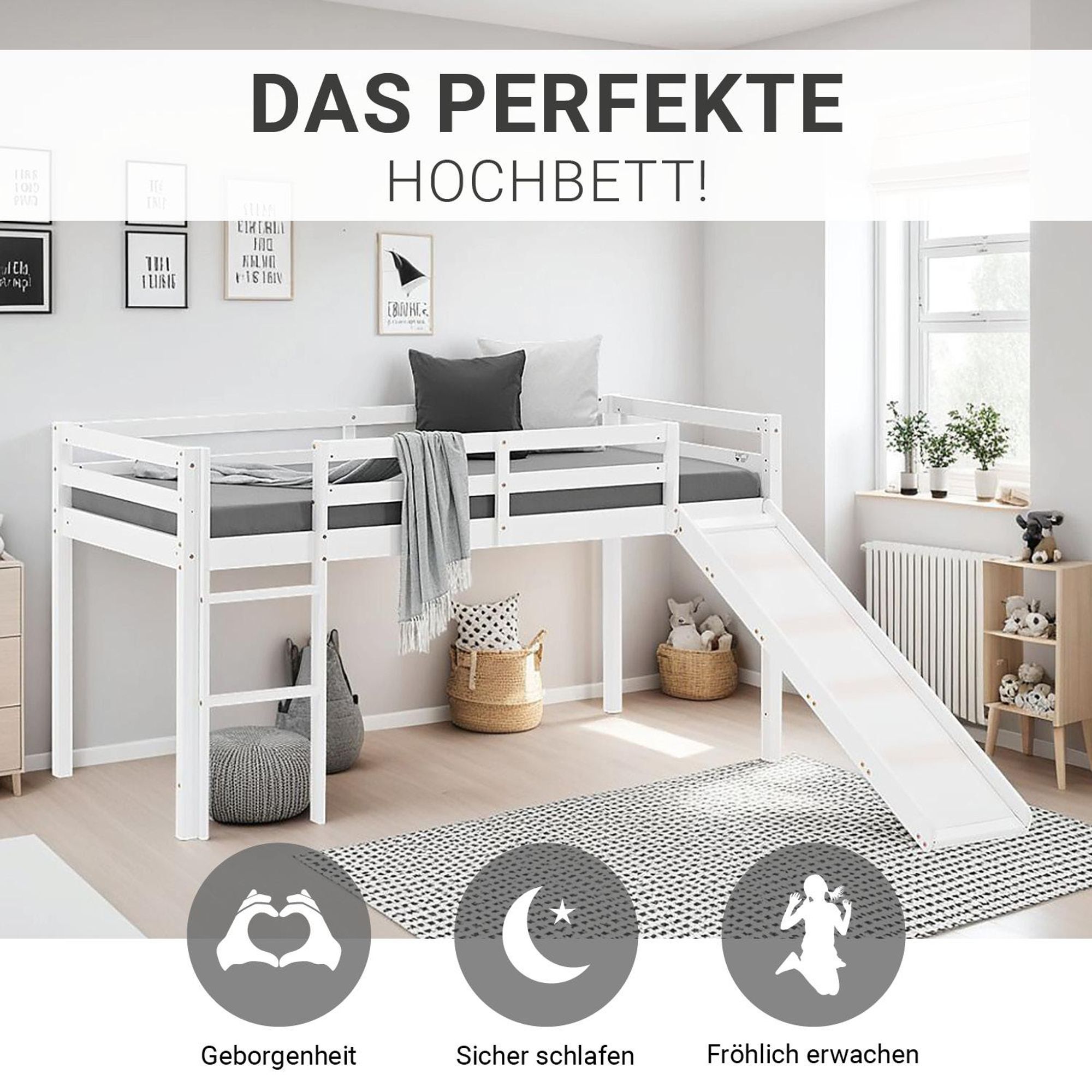 Das Bild zeigt das Hochbett dekorativ im Kinderzimmer.