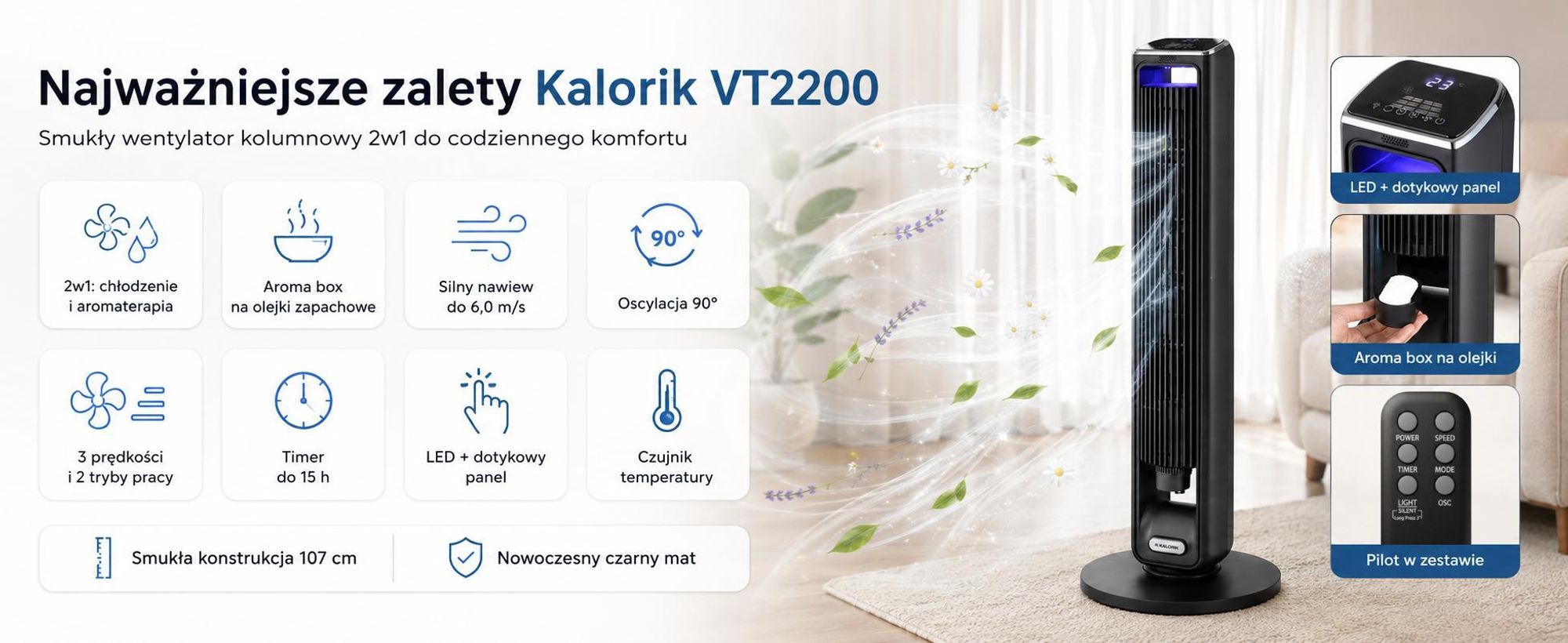 Wentylator Kolumnowy Stojący Podłogowy Wiatrak Aromaterapia Cichy Mocny 55W Vt2200