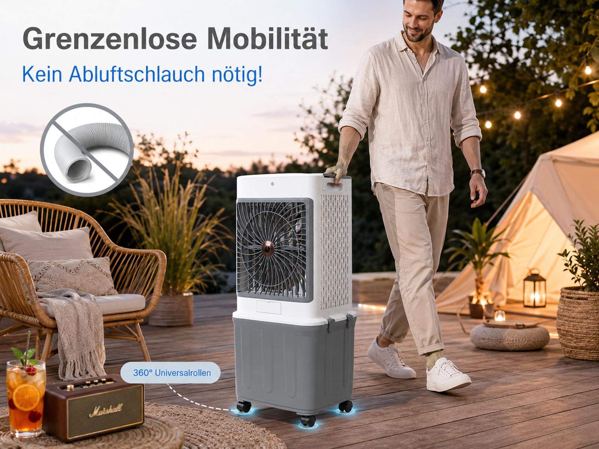 32L Klimagerät Mobil Ohne Abluftschlauch 70W Klimaanlage mit 4 Eisboxen 30H Laufzeit 30dB Leise Ventilator Mit Wasserkühlung Wohnung Zimmer Räume 85cm