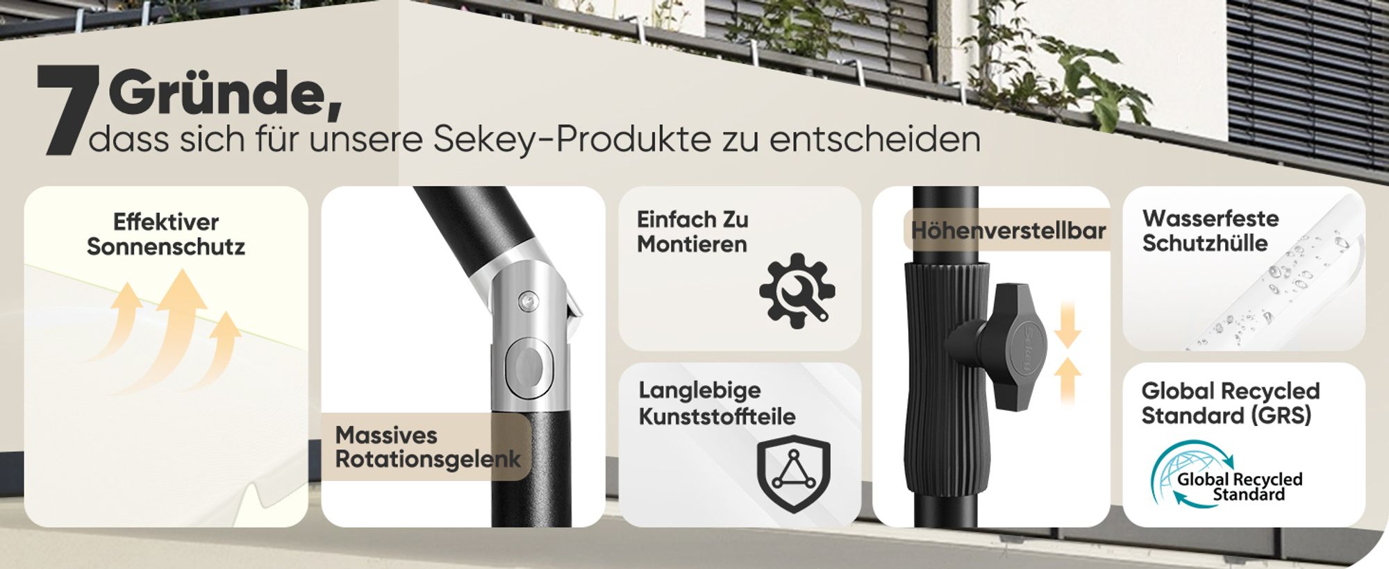 Sekey Sonnenschirm Balkon Rechteckig 200×125 cm Balkonschirm mit Tragetasche Neigungswinkel & Höhe verstellbar Sonnenschutz UPF 50+, Hellbeige