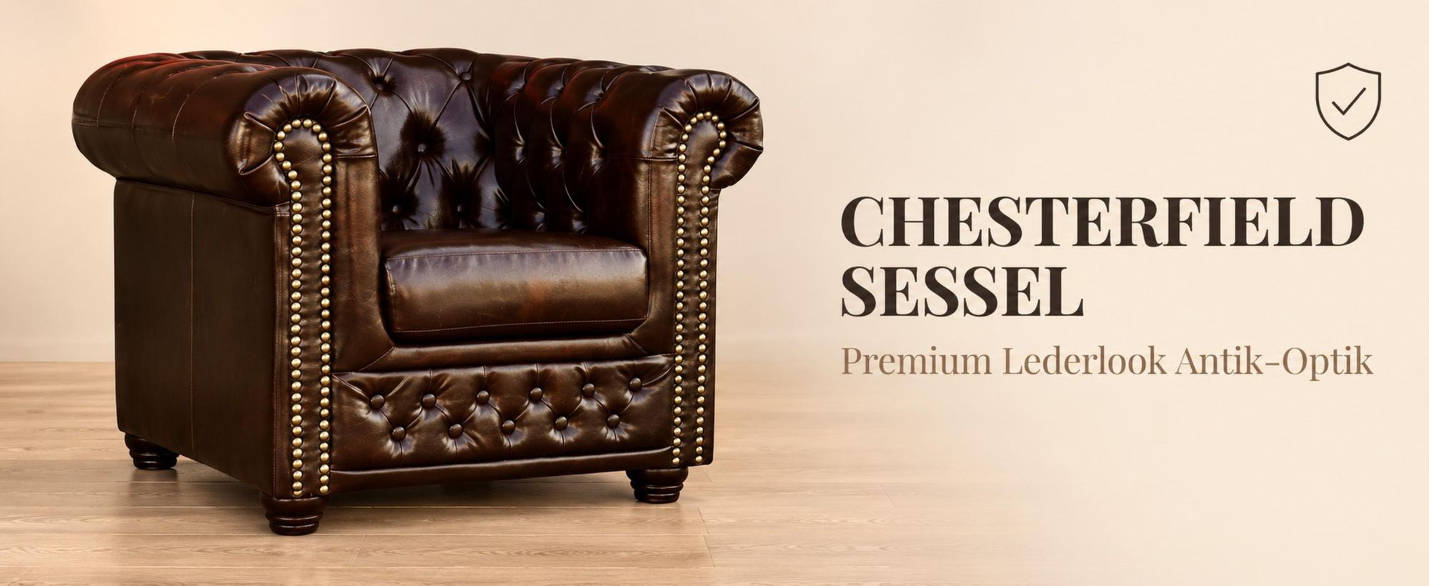 MOEBELHAUS Sessel CHESTERFIELD Lederlook ANTIK-OPTIK dunkelbraun Nietenbesatz Knopfheftung Massivholzfüße 94x72x86 cm