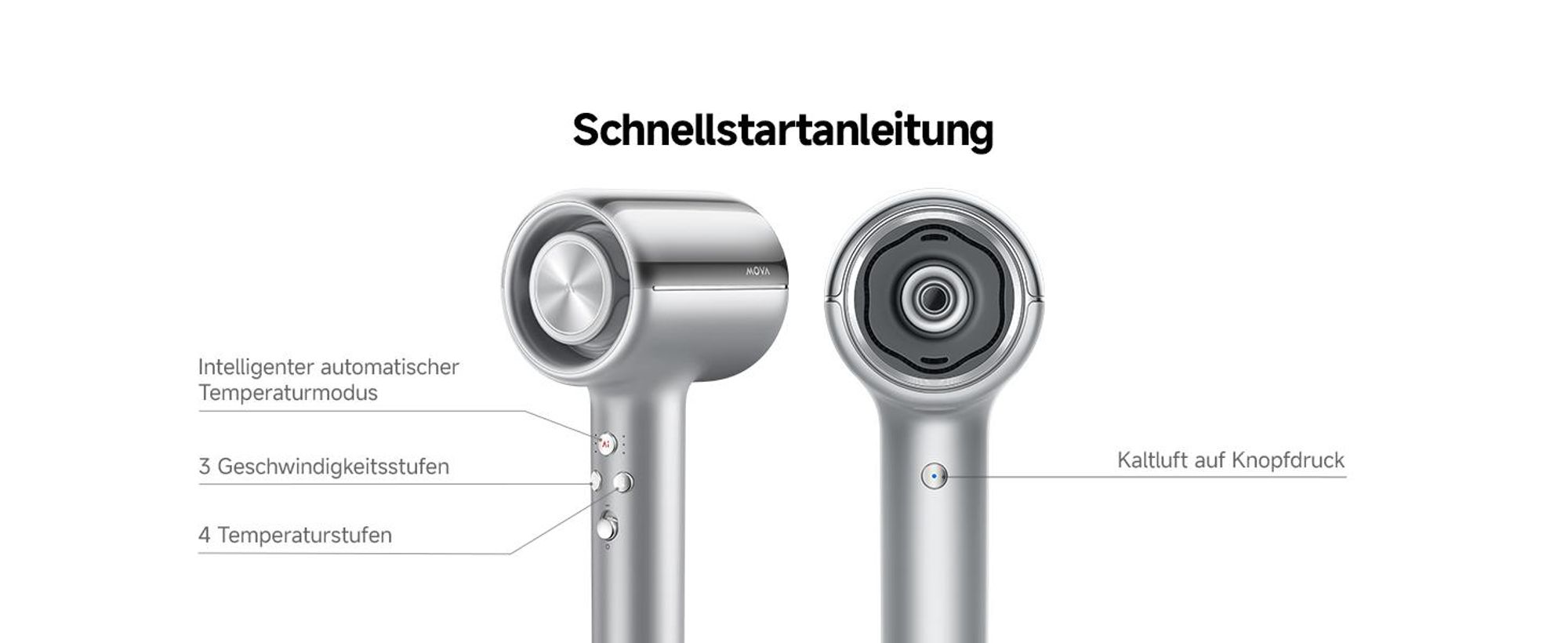 MOVA SHINE 20 Haartrockner Silber – KI-gesteuerte Thermostat-Technologie, gleichmäßige Wärme, schnelle Trocknung & Multi-Styling