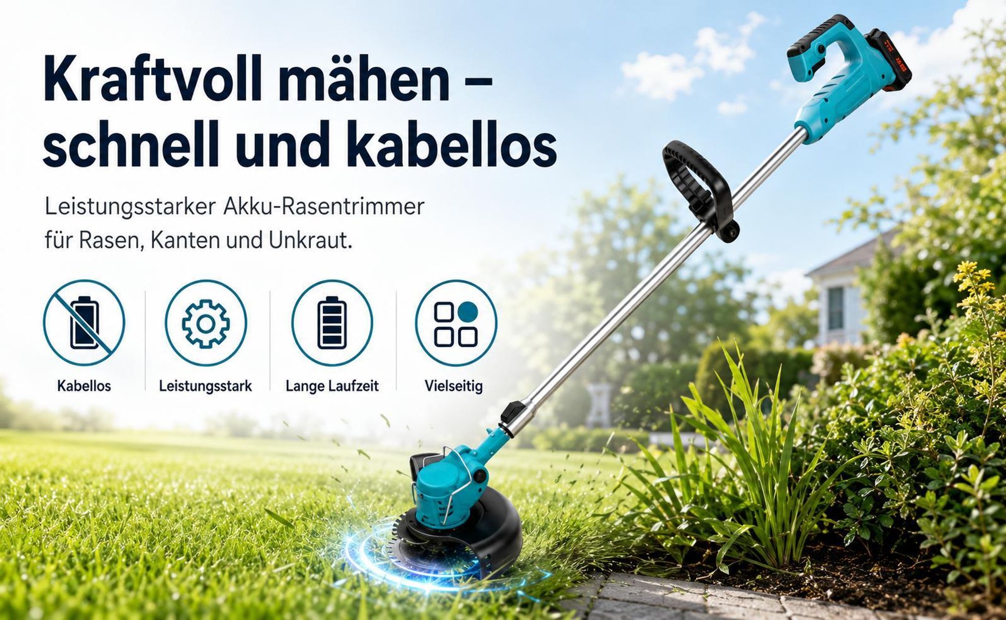 Akku-Rasentrimmer, Elektrischer Grasschneider, mit 2 Batterie und Ladegerät, 180° Trimmwinkel, Teleskop-Stiel & Zusatzhandgriff, Blau
