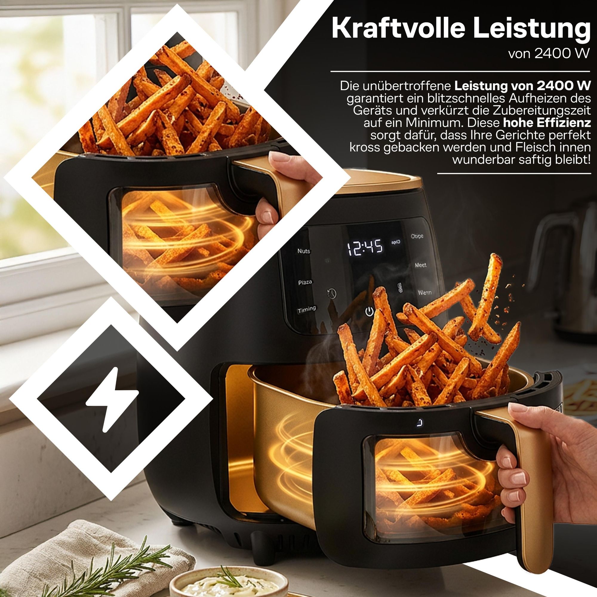 Heißluftfritteuse 6L Airfryer 2400W, 6 Programme, Compact Air fryer, LCD Display, LED Touchscreen, energiesparend, leise, Schwarz und Gold, Retoo