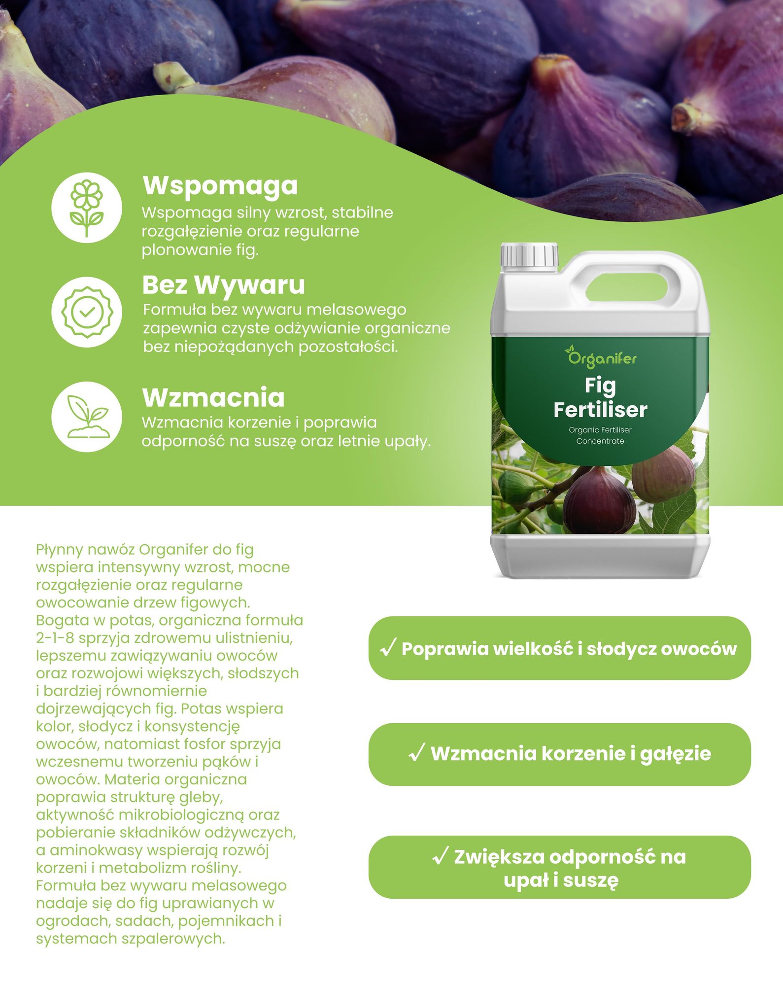 Fig Nawóz Płynny 4x1 L – 2-1-8 NPK – Do Figy i Owocowe Rośliny – Podporuje Silny Wzrost, Zdrowe Listy i Kvalitu Plodov – Organifer