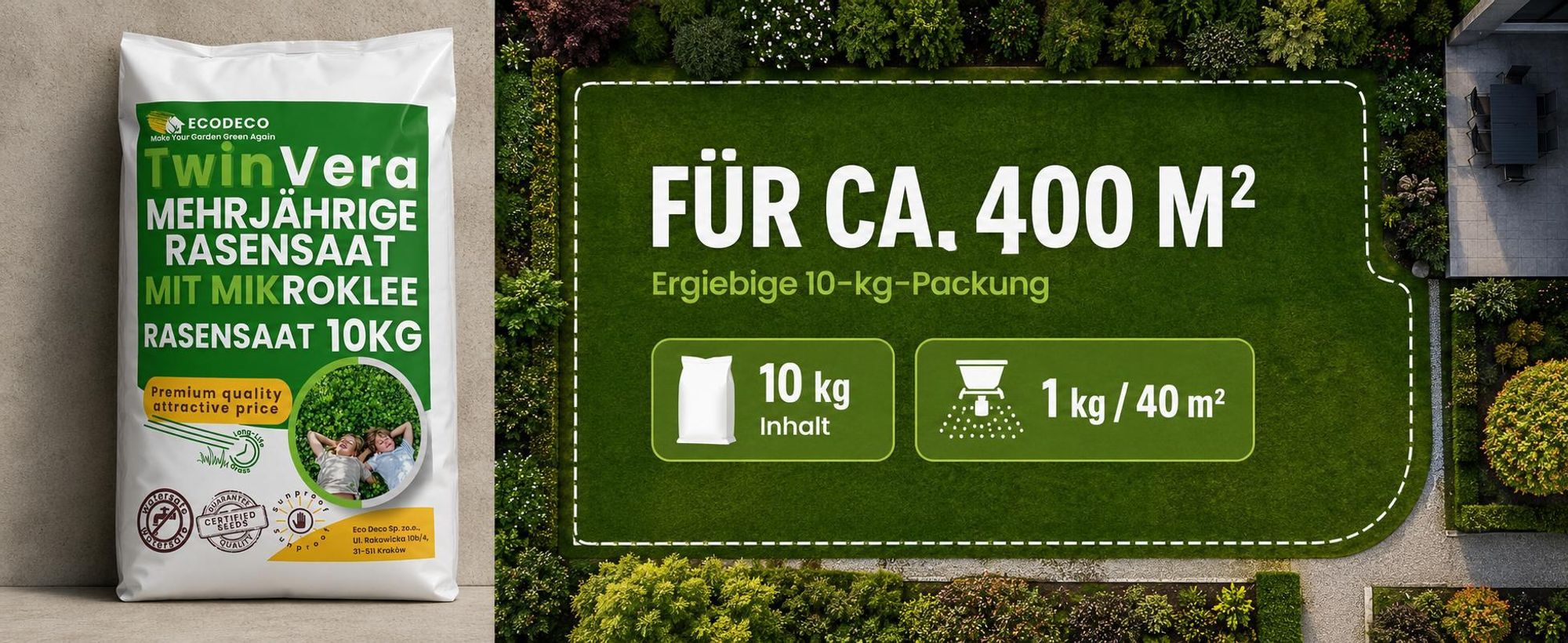 EcoDeco Mikroklee Rasensamen mit Mikroklee Pipolina, strapazierfähige Rasenmischung für 400 m2, mit Weißklee, für dauerhafte Grünflächen