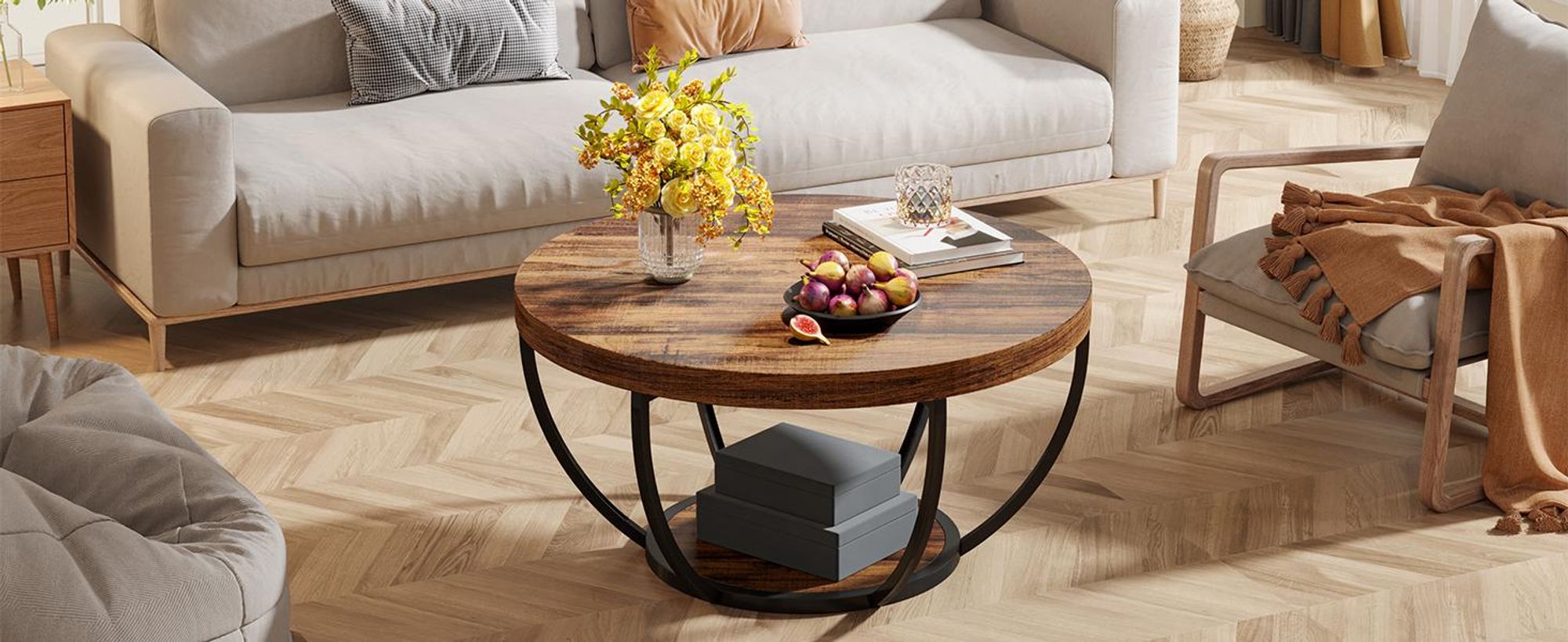 Tribesigns Runde Couchtisch, Industrial 2-Tier-Kreis Couchtisch mit Lagerung Regale, Moderne hölzerne Akzent Mitte Tisch Sofa Beistelltisch, Braun