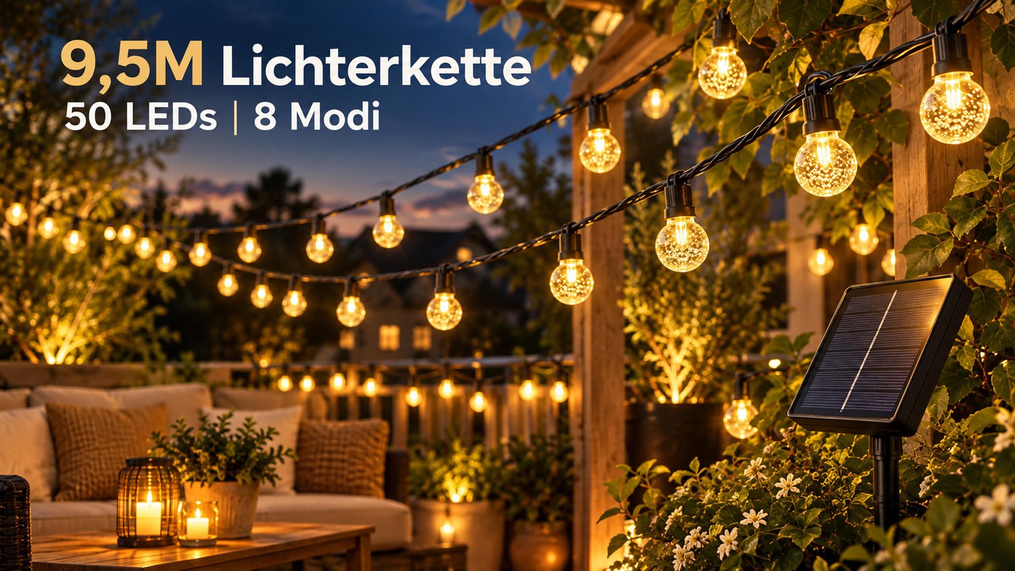 9.5M Lichterkette Außen Solar Glühbirnen LED Lichterketten, Innen Außen Weihnachten Beleuchtung Outdoor Garten Balkon Party Deko, Warmweiß