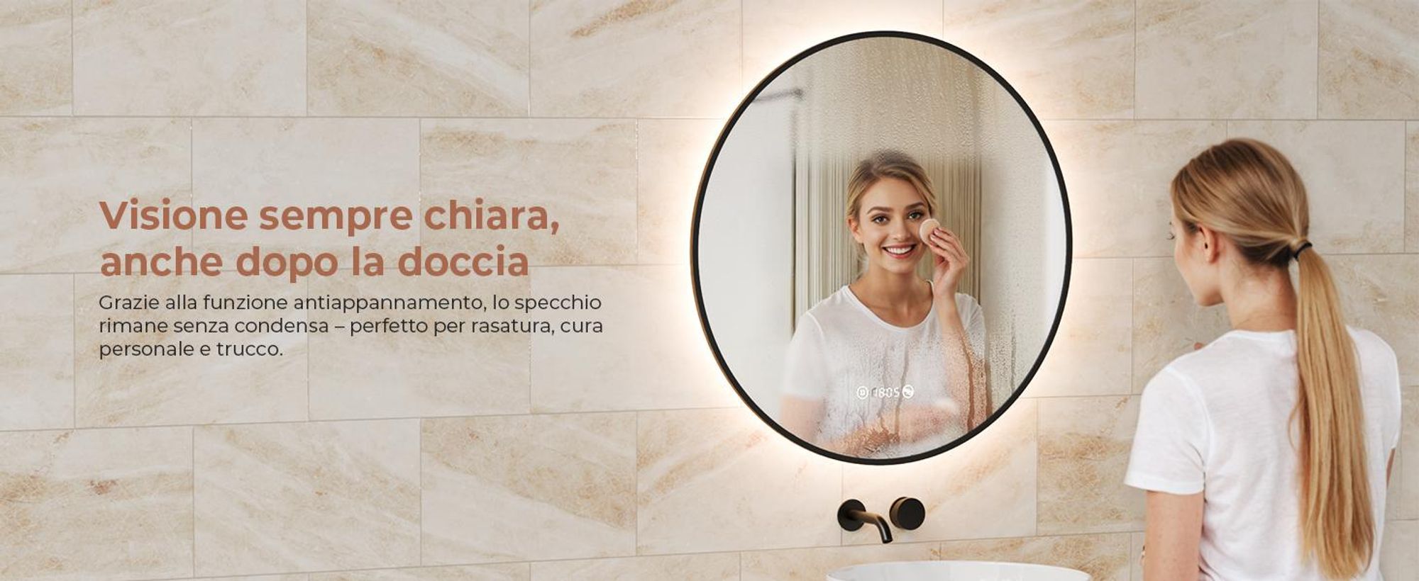S'AFIELINA Specchio da bagno LED Rotondo 60cm, touch, antiappannamento, dimmerabile, orologio, temperatura, memoria, Nero