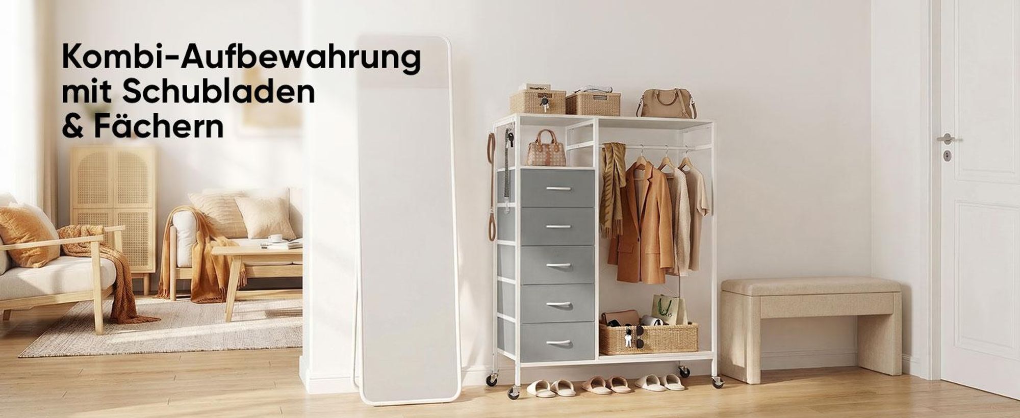 HOKEEPER Kleiderständer,Offener Kleiderschrank,Kleiderständer auf Rollen,Kleiderstange,Fahrbarer Kleiderständer mit Schubladen,Clothes rack,Haken,Grau