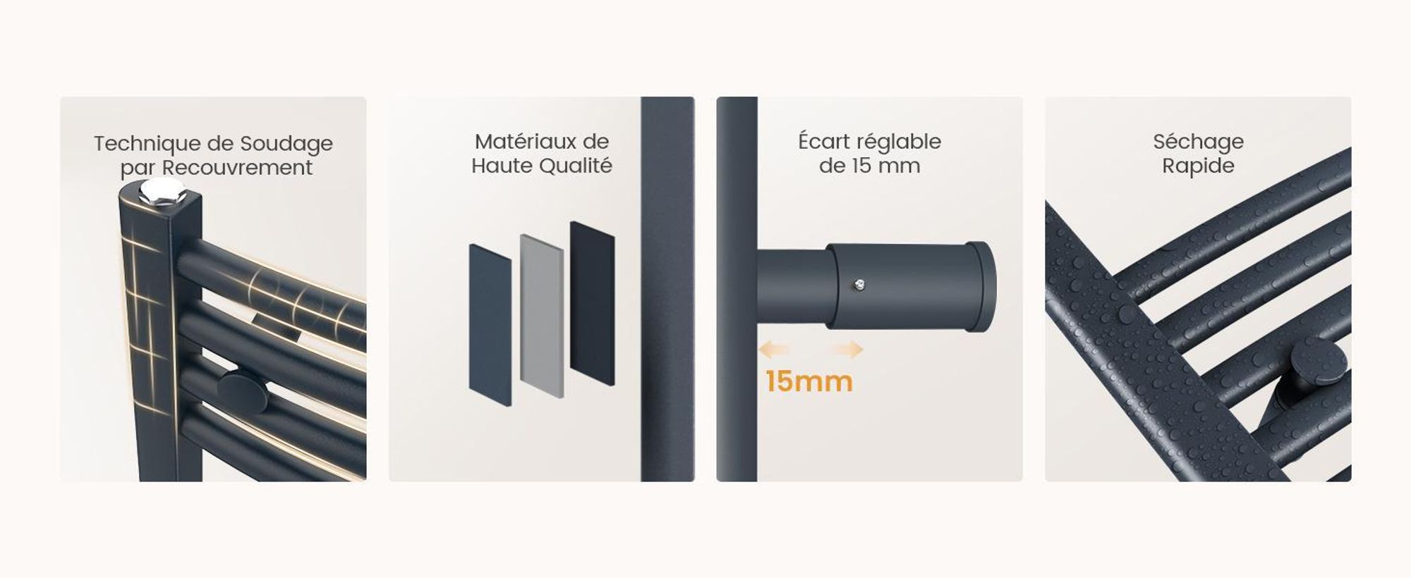 EMKE Radiateur électrique de salle de bain 140 x 60 cm 600 W anthracite Radiateur sèche-serviettes courbéWi-Fi Thermostat intelligent Sèche-serviettes