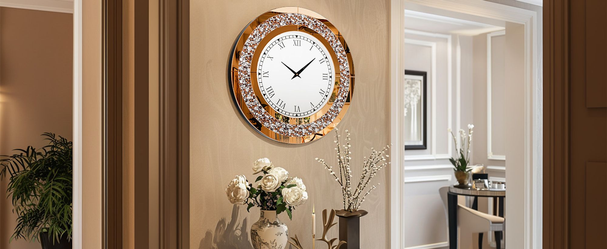 WISFOR Wanduhr 60 cm, rund Dekouhr, Atmosphera Küchenuhr Wohnzimmer Bürouhr, Leise Römischen Ziffernr, Glas, Braun
