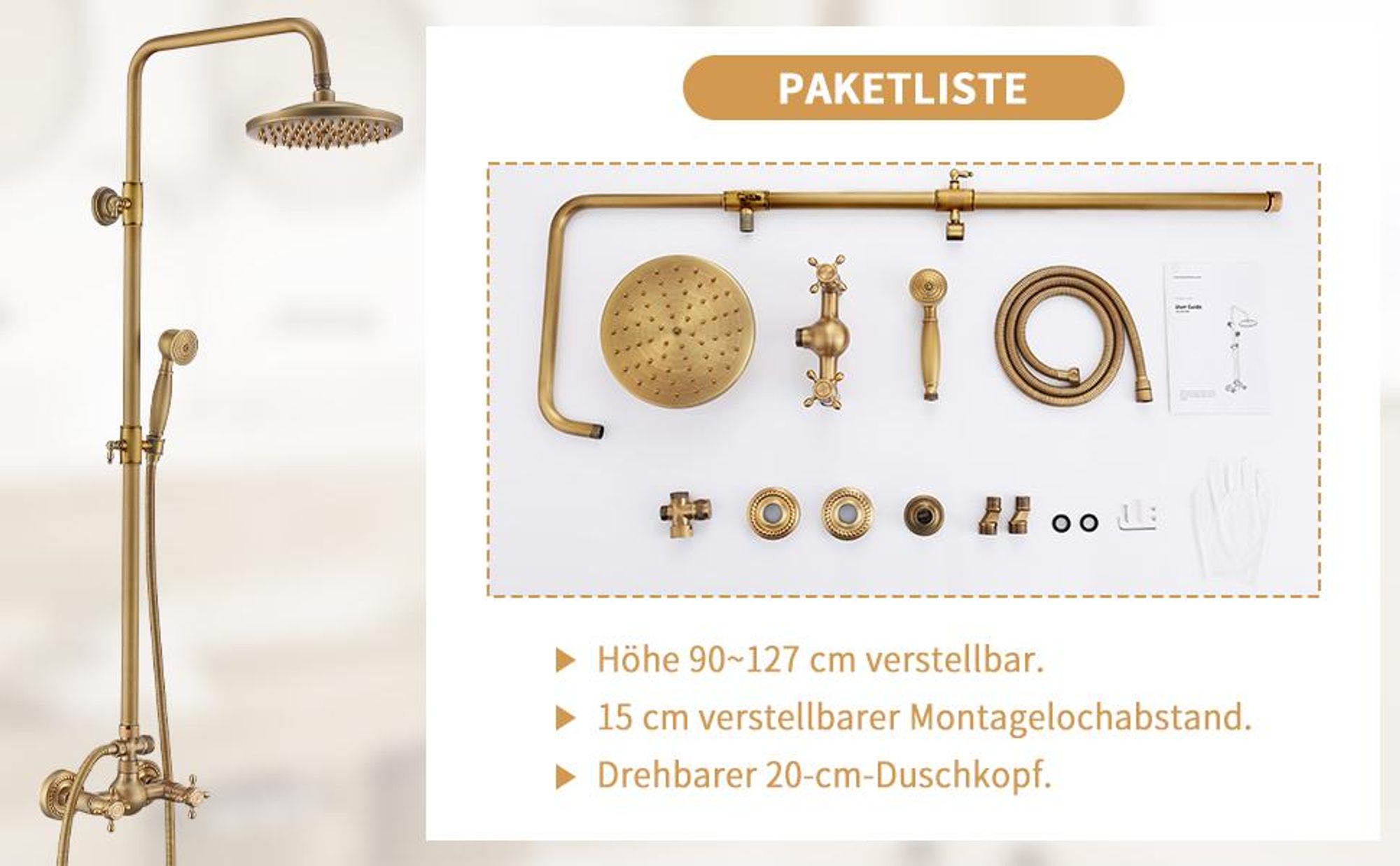 Homelody Duschsystem Retro Messing Duscharmatur Set Antik Gold Dusche mit Regendusche Duschset mit 8" Regendusche Handbrause Kopf - Höhenverstellbar 77-129cm