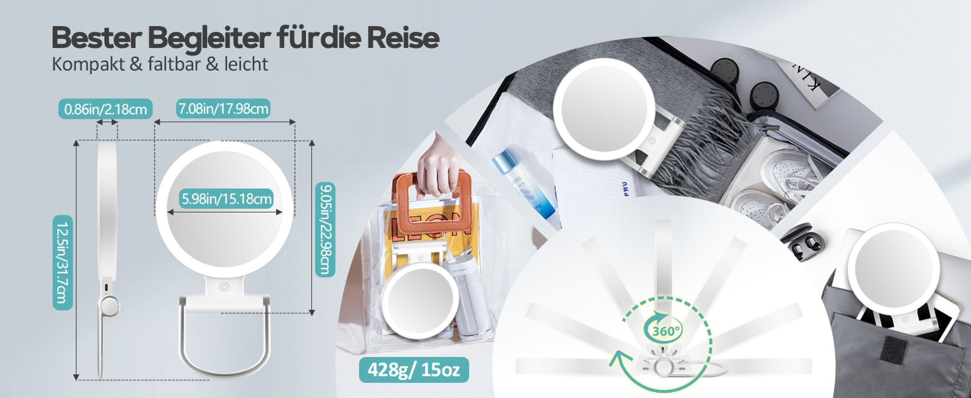 Schminkspiegel mit Beleuchtung,Doppelseitiger1X/30X Vergrößerungsspiegel mit Licht, 2000mAh 3 Farben Beleuchtungsmodi, Einstellbare Helligkeit, Faltbarer Kompakter Makeup Spiegel Reisegröße