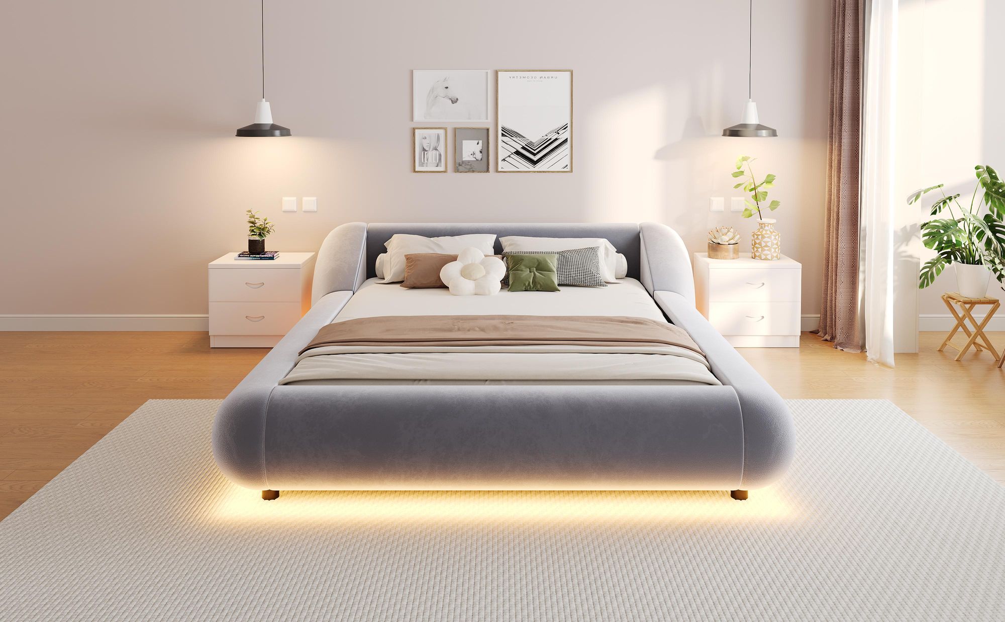 Flieks Polsterbett 140x200cm mit Lattenrost, Doppelbett mit Kopfteil, Schwebendes Bettgestell mit LED-Beleuchtung, Grau, Samtstoff+Sperrholz+MDF