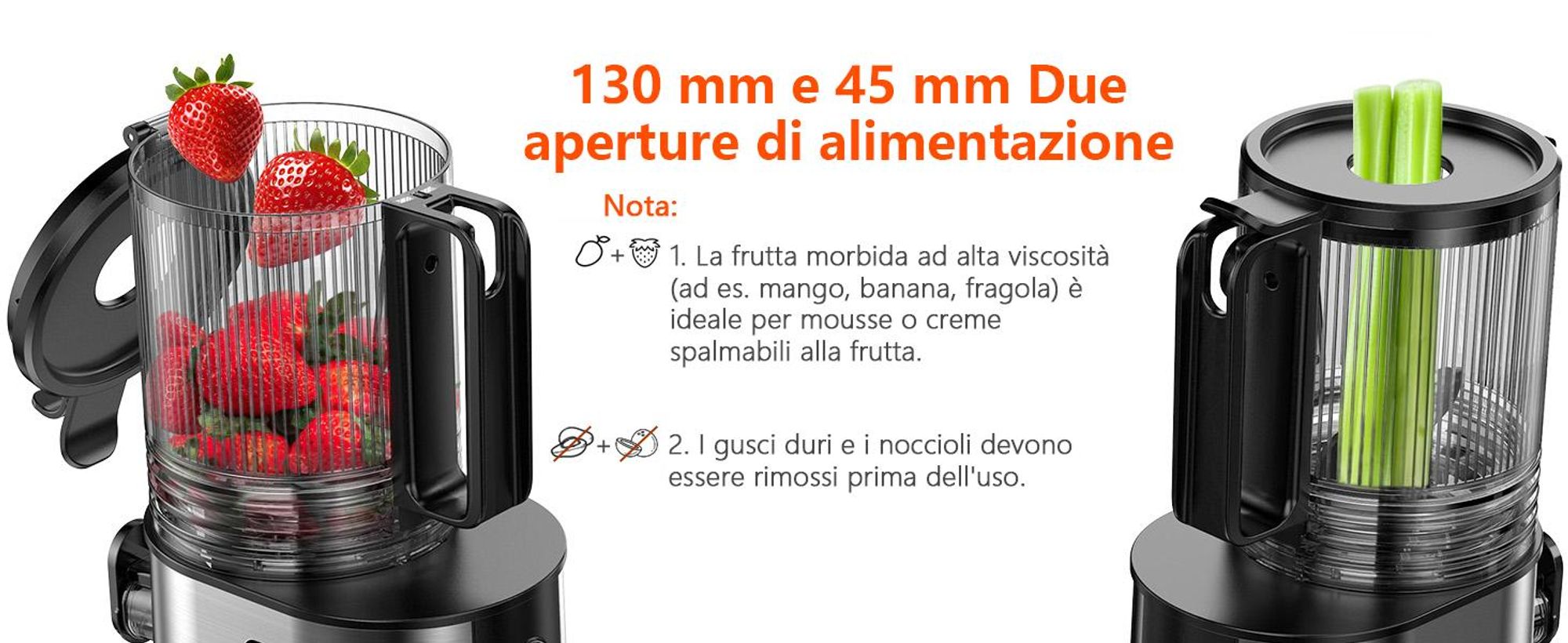 CelerySpec SJ-048-EU-SS Lento Spremiagrumi - 250W Potenza 1.8L Ampia capacità Due aperture di alimentazione da 130 mm e 45 mm - Argento