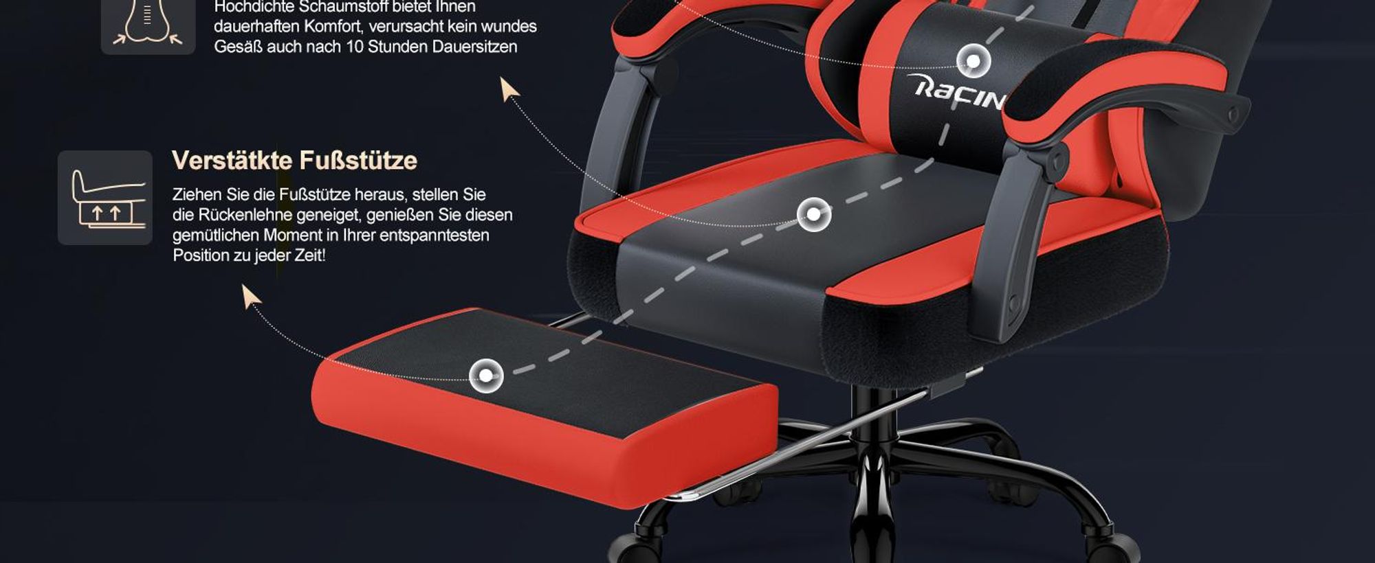 Portreen Gaming Stuhl,Bürostuhl Ergonomischer Gaming Sessel mit Lendenwirbelstütze Fußstütze, gepolstert,Kopfkissen Gaming Stuhl, 150kg Gaming Chair