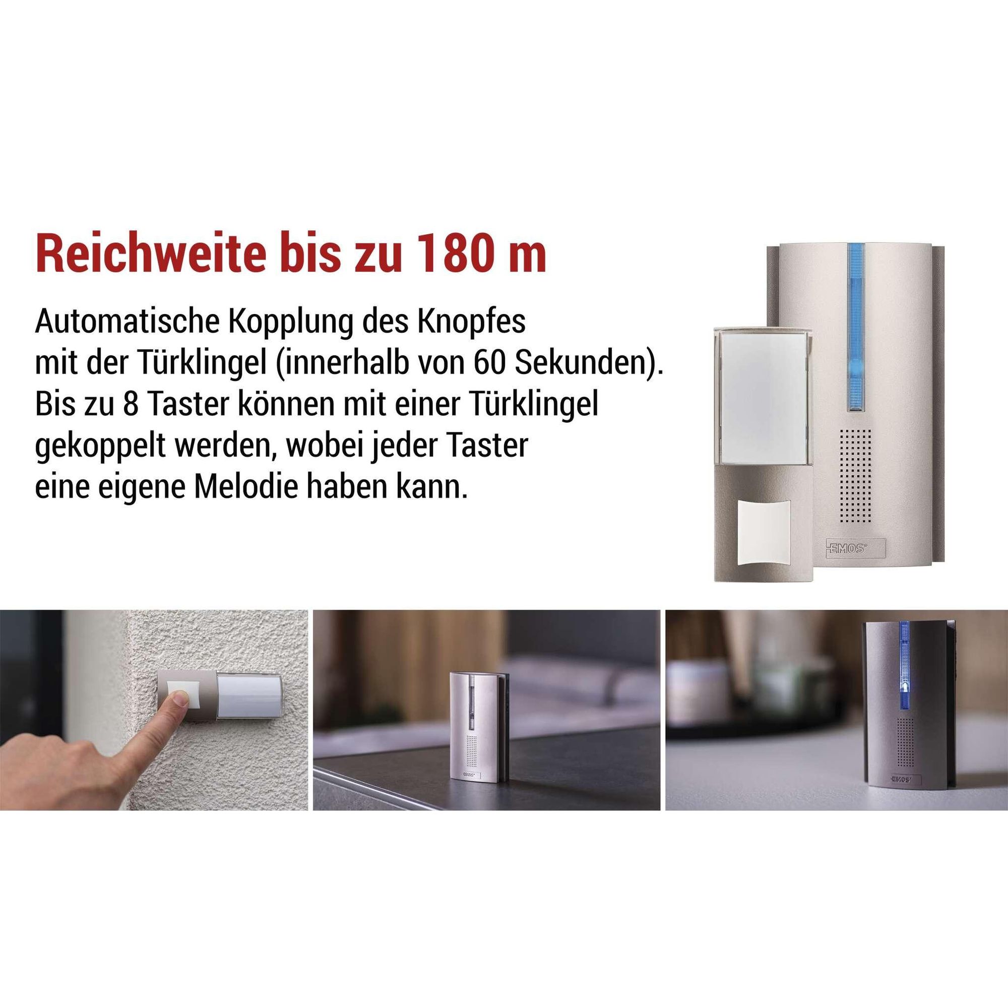 EMOS Kabellose Türklingel Set mit Repeater Funktion, unbegrenzte Reichweite, 5 Lautstärken bis 85dB, LED-Anzeige, 16 Melodien, batteriebetrieb, P5763N