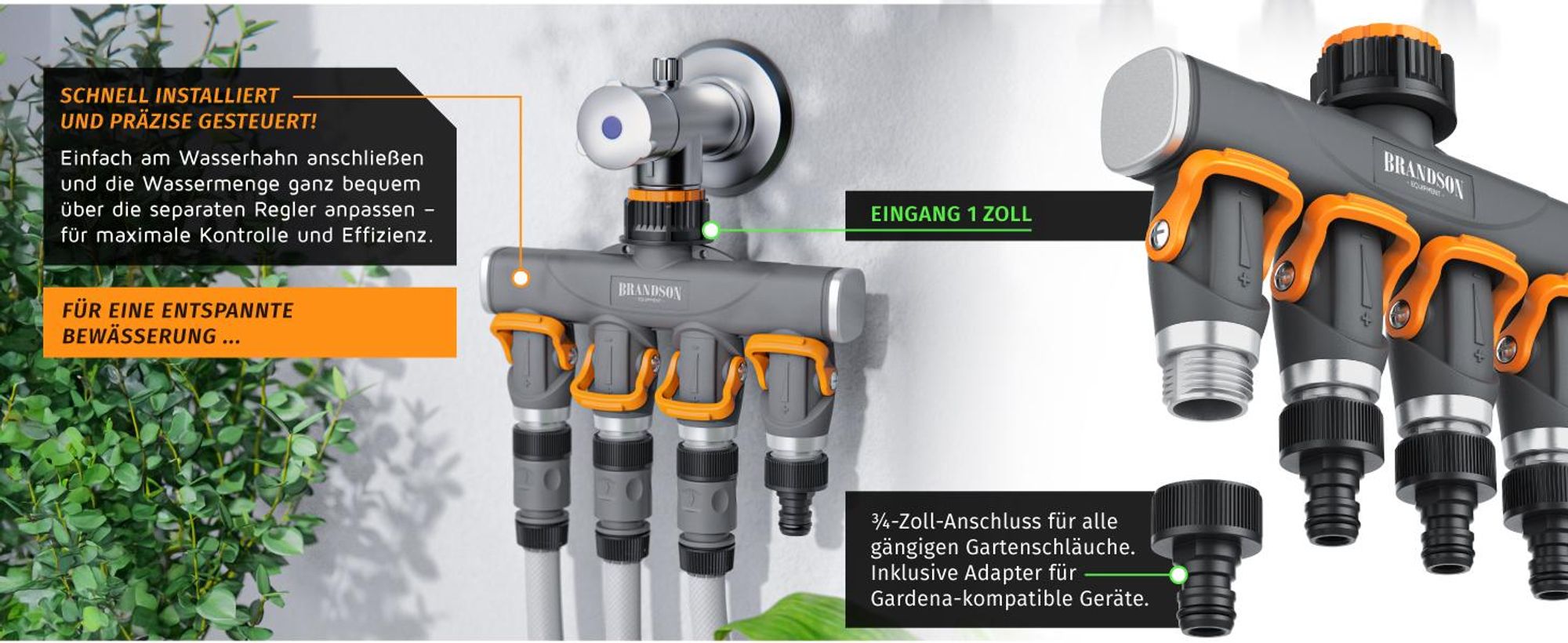 Brandson 4 Wege Verteiler, Gartenschlauch Verteiler, Wasserverteiler, Schlauchverteiler, 3/4 1/2 Zoll, Wasserhahn Schlauch Verteiler für Gartenbewässerung