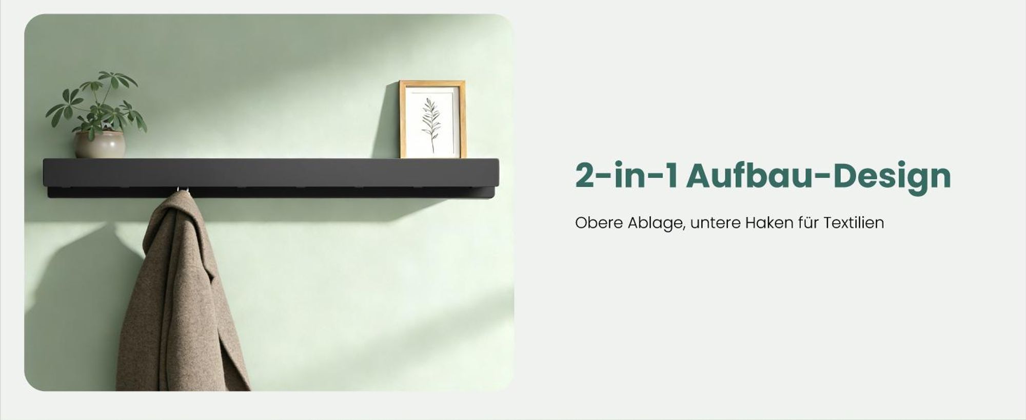 Mai & Mai Wandgarderobe mit Ablage und 8 Haken, Garderobenleiste mit versteckten Kleiderhaken, Kleiderstange Wandmontage 80cm, Sandschwarz Stalo-11