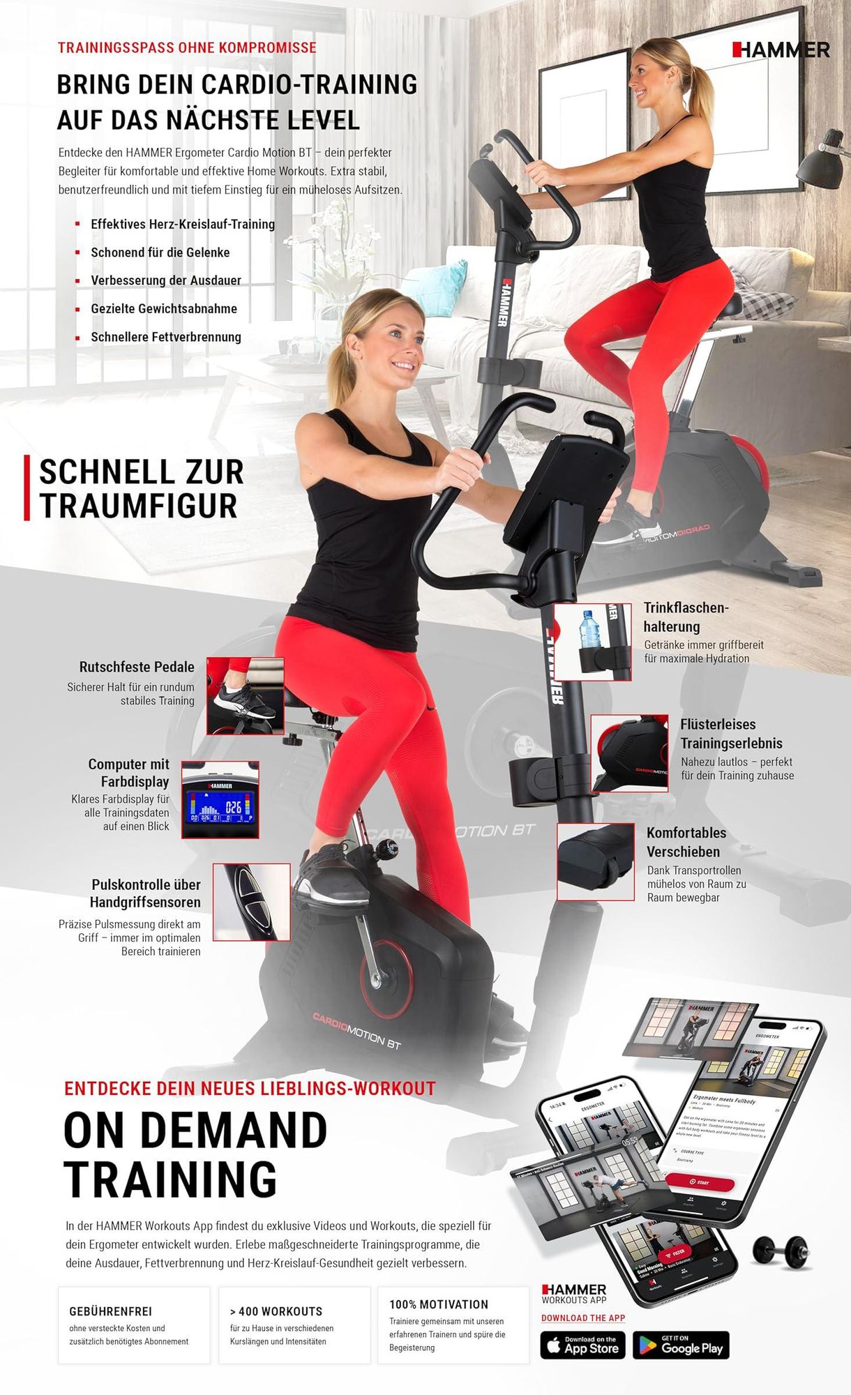 HAMMER Ergometer Cardio Motion BT, Heimtrainer, 22 Programme, max. 130 kg