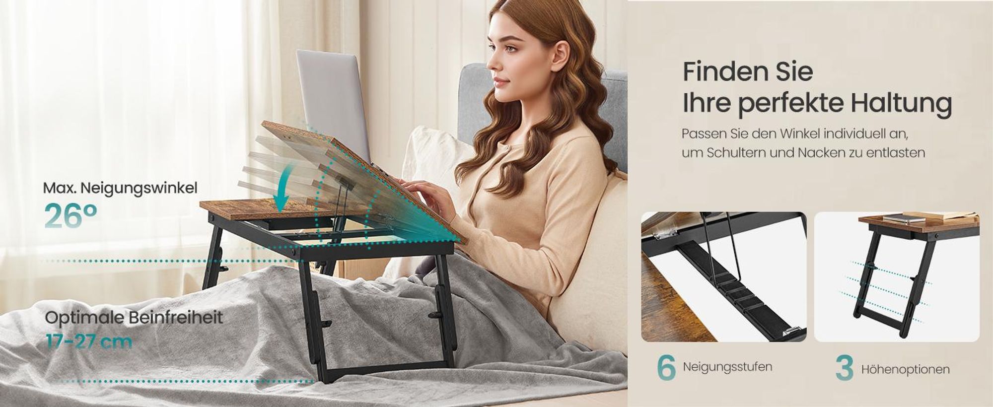 SONGMICS Laptoptisch, Laptopständer, Frühstückstablett, klappbare Beine, für Bett und Sofa, höhenverstellbar, für bis zu 15,6 Zoll Laptops, 55 x 35 x 23 cm, vintagebraun LLD105B01