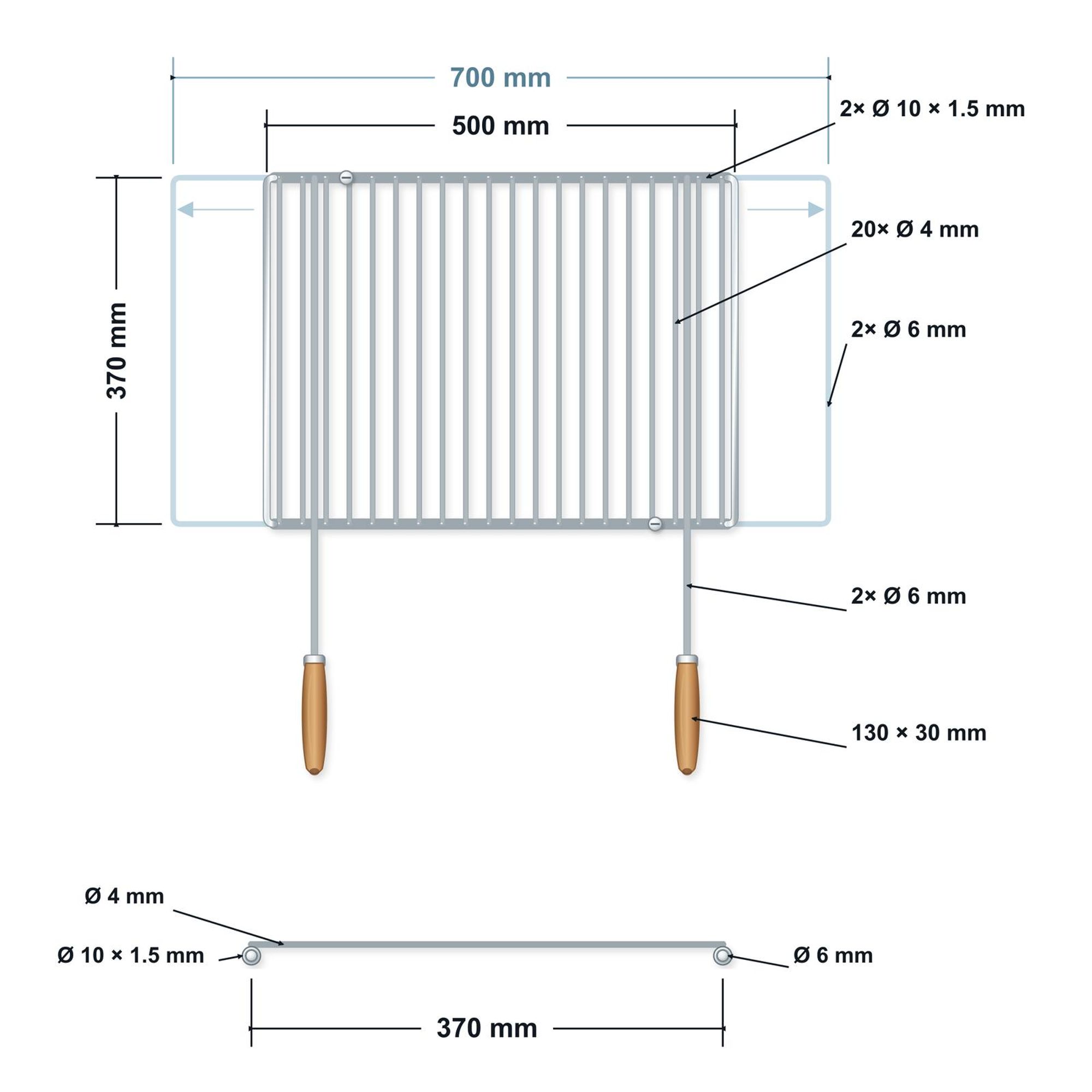 Griglia regolabile in acciaio inox 60–70 × 37 cm con manici in legno – disegno tecnico