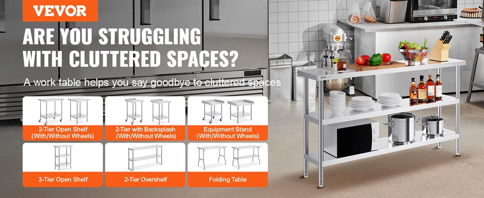 VEVOR Edelstahl Vorbereitungs Tisch, 24 x 24 x 34 Zoll, Schwerlast Metall Arbeitstisch mit 3 verstellbaren Höhenstufen, Gewerbliche Arbeitsstation für Küche Garage Restaurant Garten, 356x1524x864 mm