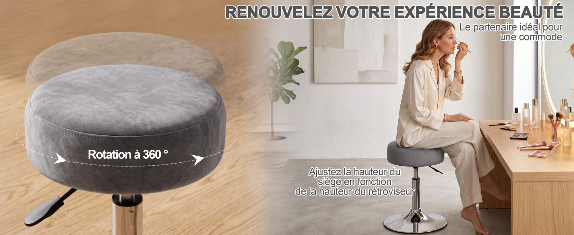 Duhome Tabouret tournant Réglable en hauteur Tabouret de maquillage en velours Tabouret de bar avec rembourrage Tabouret tournant pour chambre à coucher Salon Bistro, gris