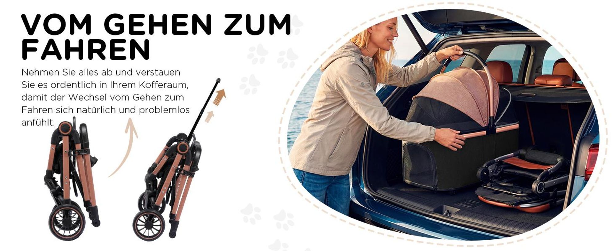 COMHOMA Hundebuggy klappbar bis 25KG, 360°schwenkbares EVA-Vorderrad und Hinterradbremsen, 4-in-1 Hundewagen, Faltbar Katzenwagen Roségold