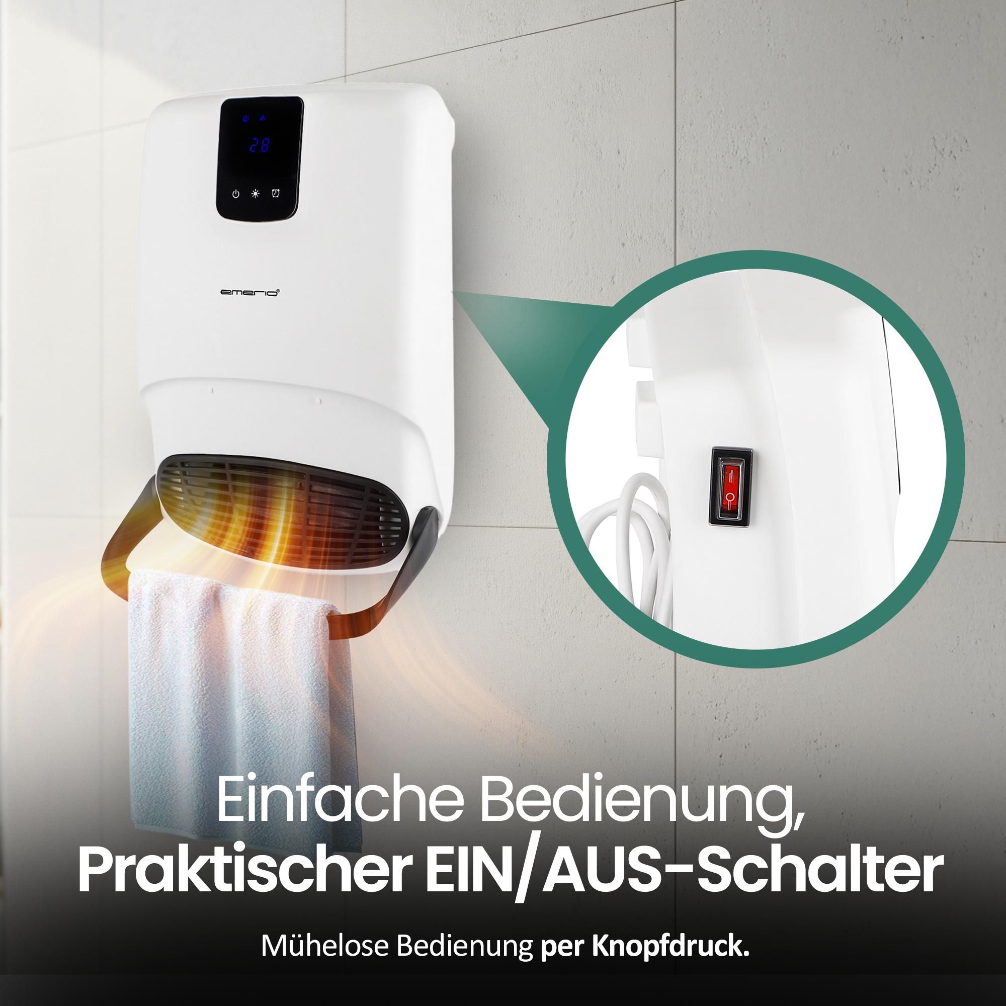 Emerio Badezimmer-Heizgerät BH-123818 – für Räume bis 25 m² – Timer – Fenster-Offen-Erkennung – IP23 – Fernbedienung – Touch-Display – Handtuchhalter