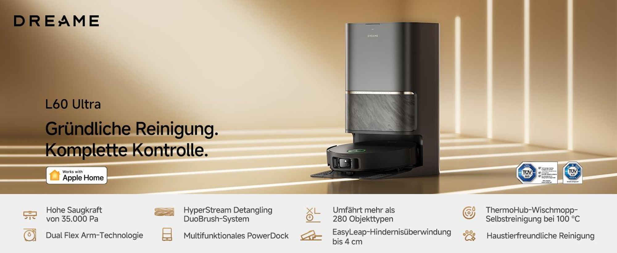 Dreame L60 Ultra Saugroboter mit Wischfunktion,35KPa Saugkraft,KI-3D-ToF-Vision,100°C Selbstreinigung,Doppelflexarme,ausziehbare Seitenbürste,Autolift