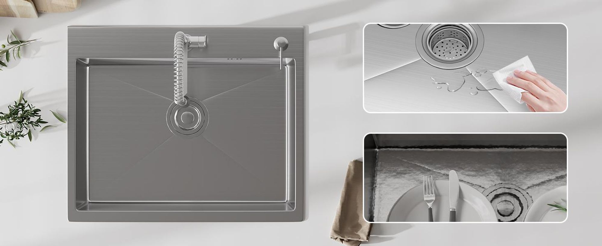 Spüle Einheit 1 Becken 50 x 45 cm, STANEW Edelstahlspüle mit Abflussfilter, Hahnlöchern und Seifenspender, Kompaktküche, Wohnmobil