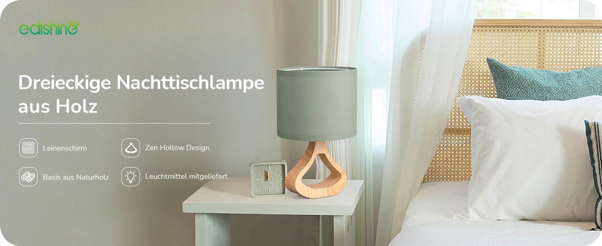 EDISHINE Nachttischlampe Wohnzimmer ,Tischleuchte mit Leinen-Lampenschirm, Holz
