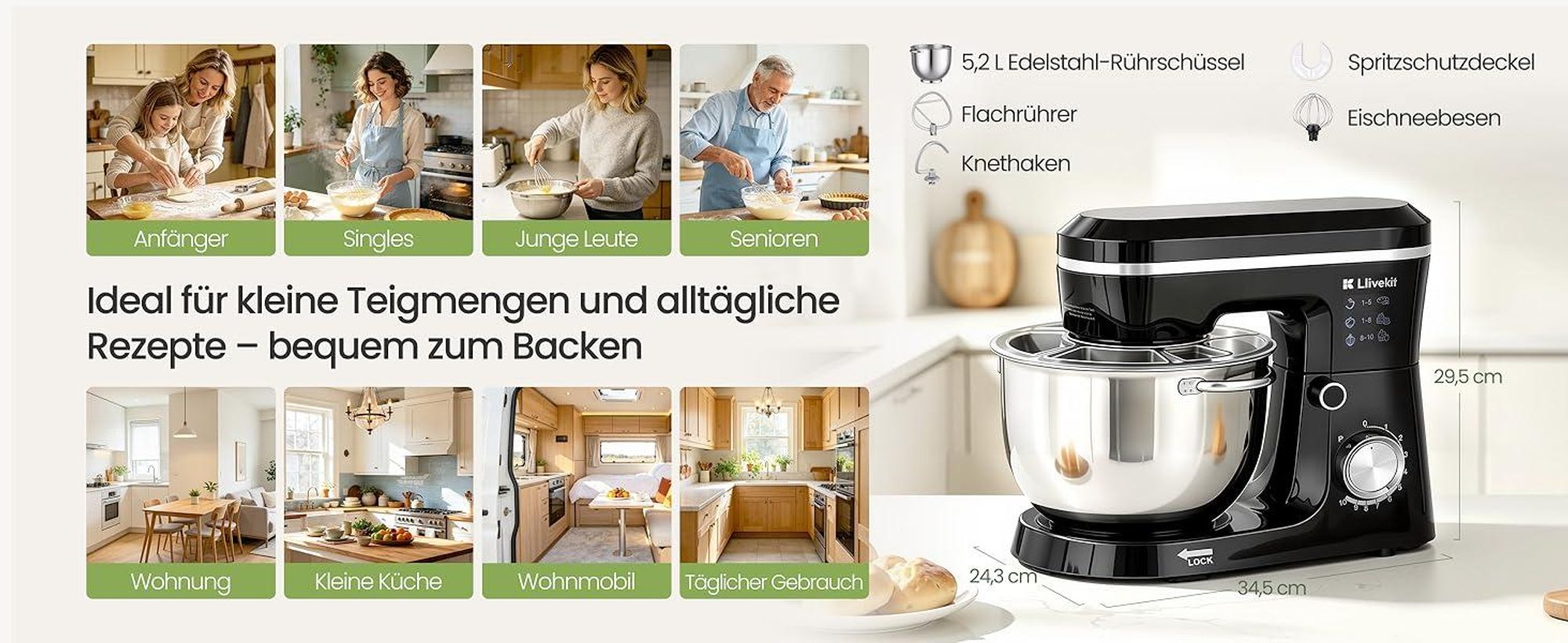 LLIVEKIT 1500W Küchenmaschine, 5,2L Edelstahl-Rührschüssel, Multifunktional Haushalts-Backgerät