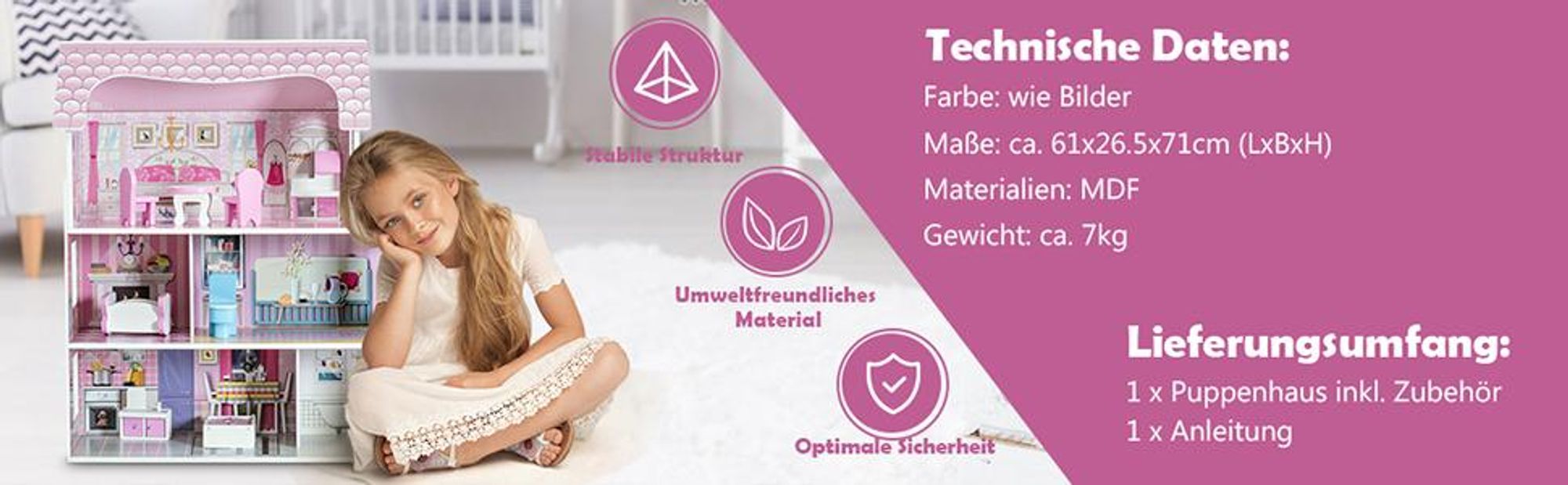 COSTWAY Puppenhaus aus Holz, Puppenstube mit Möbeln und Zubehör, Puppenvilla 3 Etagen, Dollhouse Spielzeug für Mädchen