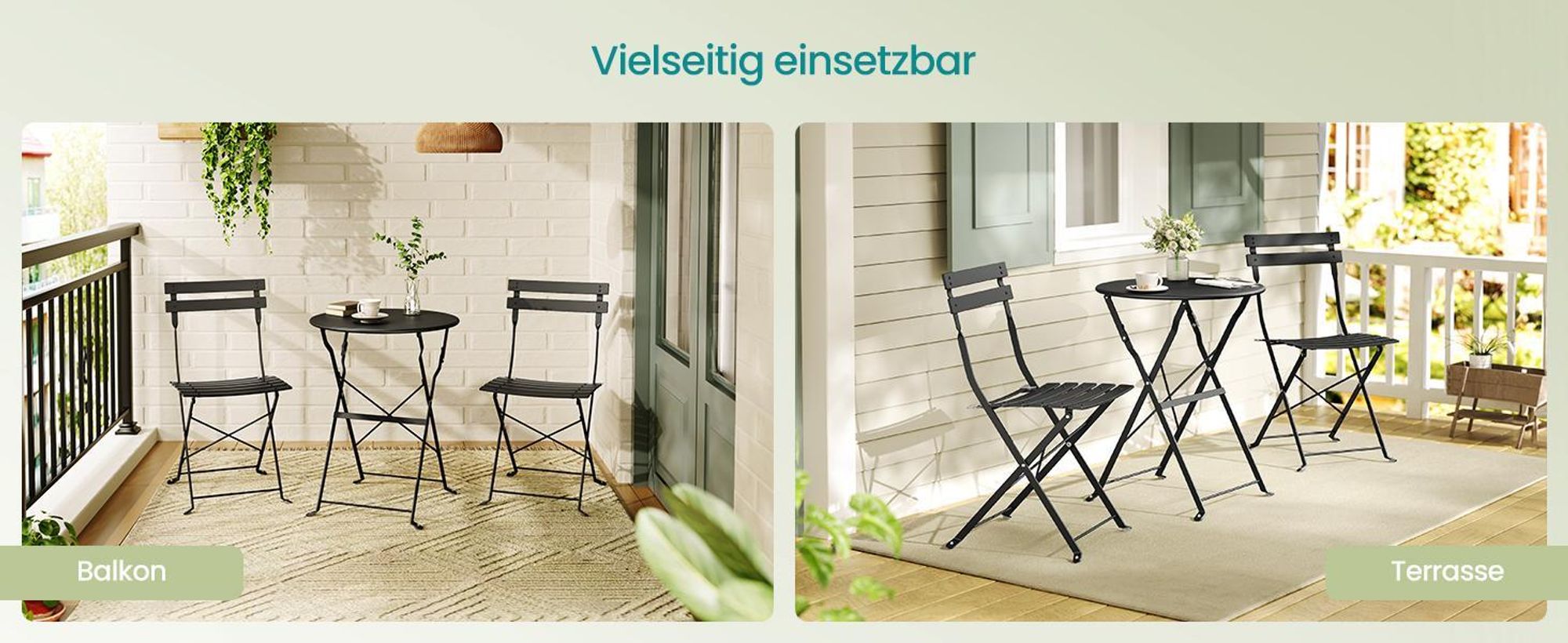 SONGMICS Balkonmöbel 3-teilig, 1 Klapptisch mit 2 Stühlen, Gartenmöbel-Set, aus Stahl, für Balkon, Terrasse, beige