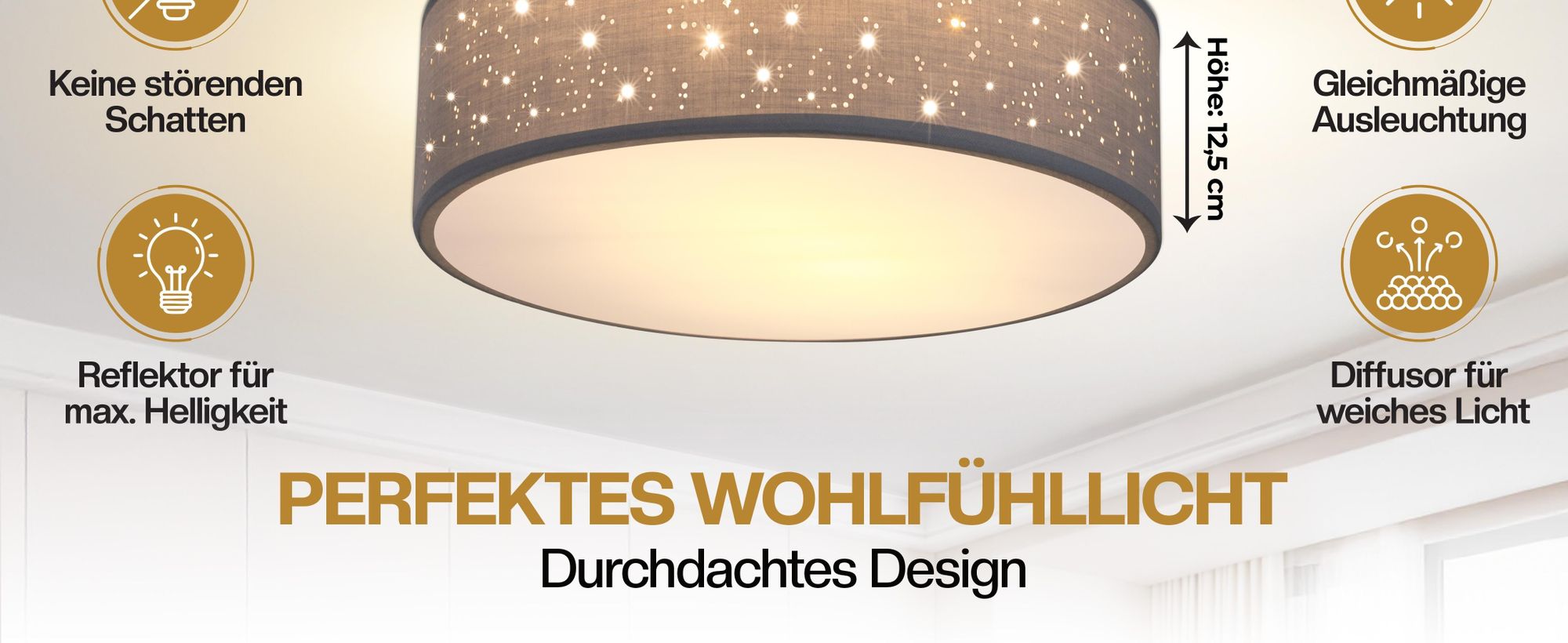 MONZANA® Deckenlampe Sternenhimmel Wohnzimmer Schlafzimmer E27 Grau Rund 38cm Stoffschirm 2-Flammig 40W Küche Lampe Deckenleuchte Stoffdeckenlampe