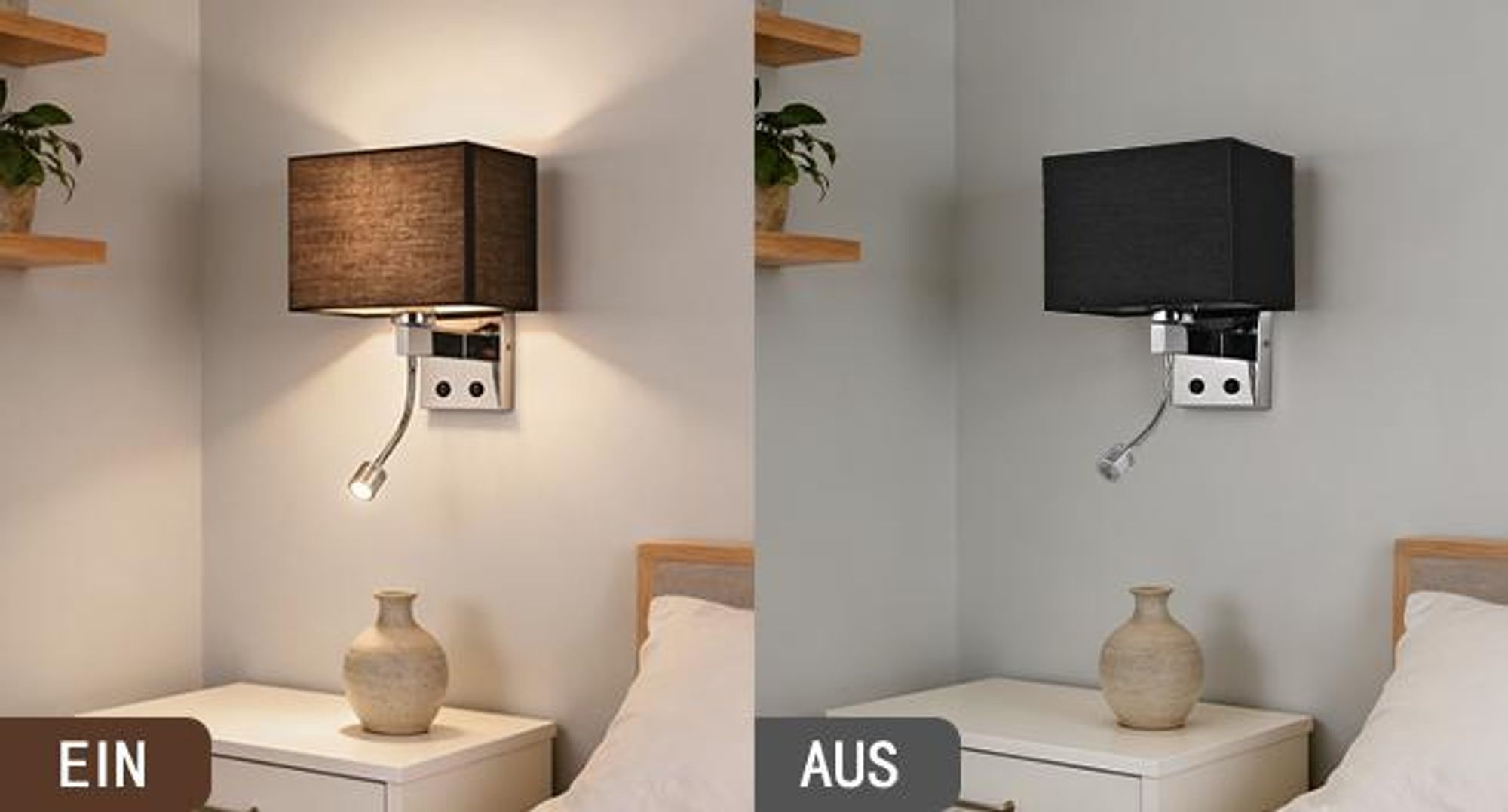 ZMH Applique da interno per camera da letto, lampada da parete, applique, nero, LED, orientabile a 360°, lampada da lettura, paralume in tessuto, attacco E27, illuminazione con interruttore, per hotel e corridoi