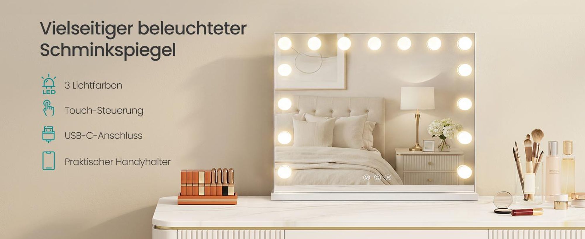SONGMICS Schminkspiegel mit Beleuchtung, Dimmbar, 15 LEDs, 3 Lichtfarben, 10x Vergrößerung, 48 x 58 x 5,7 cm, Weiß