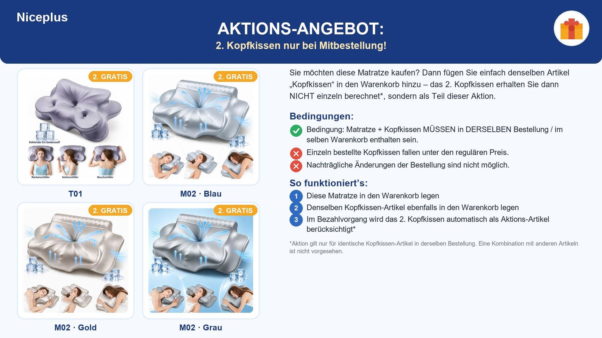 Niceplus Matratze 140x200 26cm Integrierter Topper 7 Zonen Taschenfederkern H4 + 2. Kopfkissen gratis nur bei Mitbestellung im selnkorb