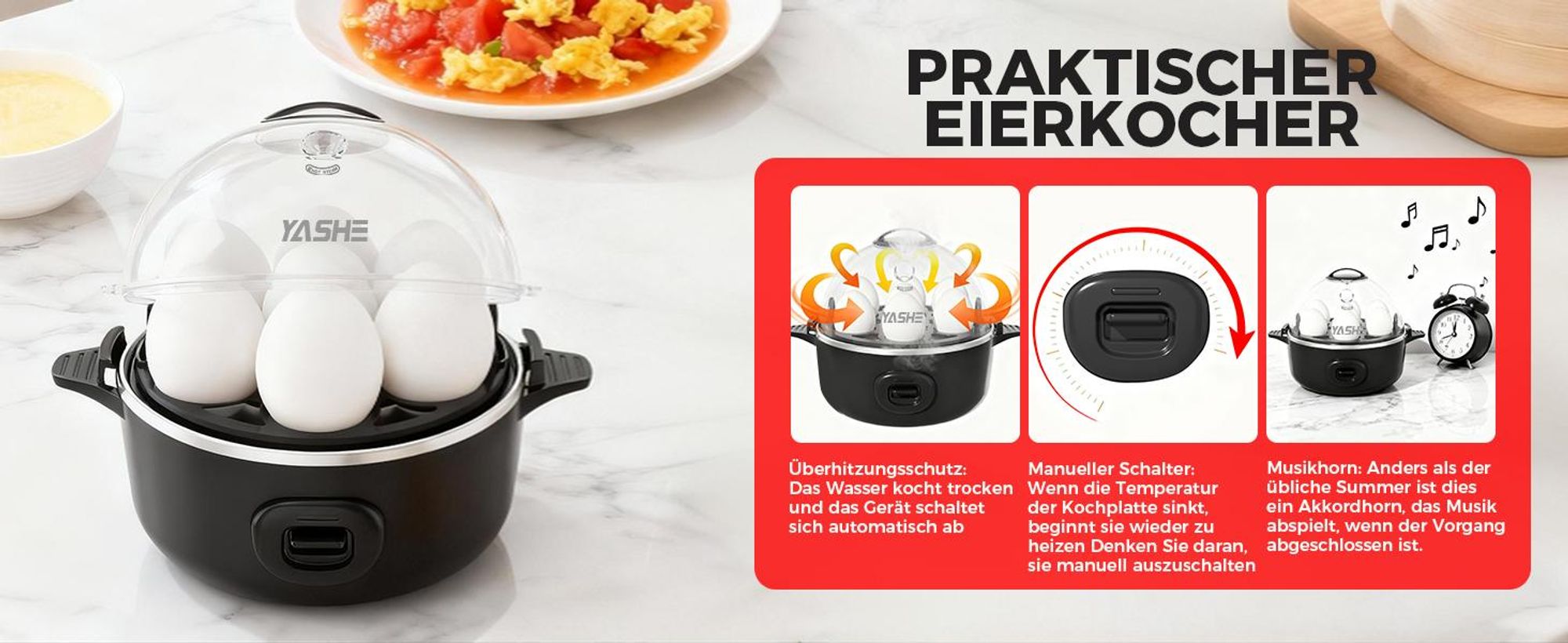 YASHE Eierkocher elektrisch 7 Eier hart/mittel/weich BPA-frei Auto-Abschaltung