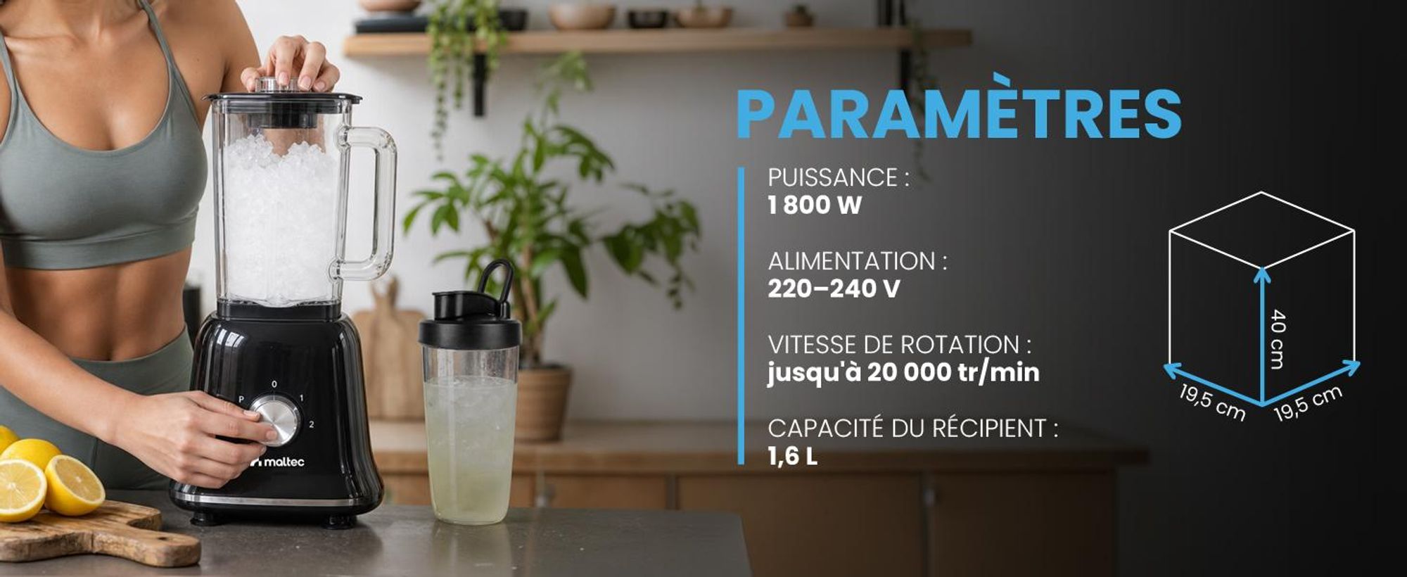 Mixeur sur socle Mixeur Smoothie Maker pour cocktails 1800 W Blender, moulin, 2 bidons 1,6 litre Noir