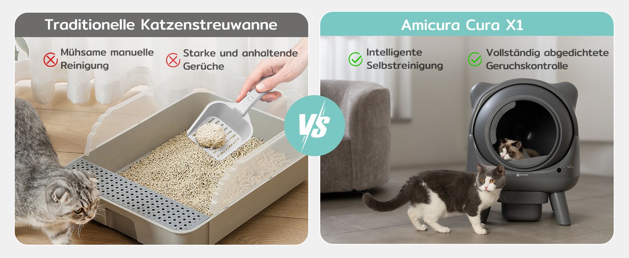 Amicura X1 Katzenklo Selbstreinigend mit App-Steuerung, Sicherheitssensor (Anti-Pinch) Elektronisches Katzenklo, XXL Geruchsdichter Abfallbehälter