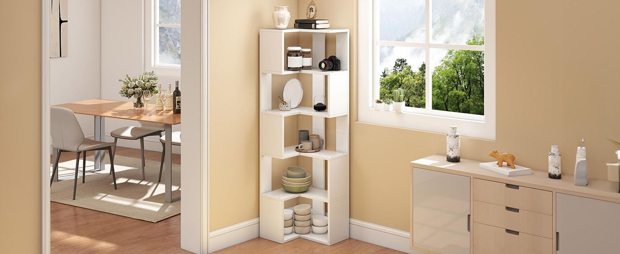 YITAHOME Eckregal Bücherregal Standregal Büroregal, 5 Ablagen Regal, für Wohnzimmer, 40 × 54 × 159,5 cm, Weiß