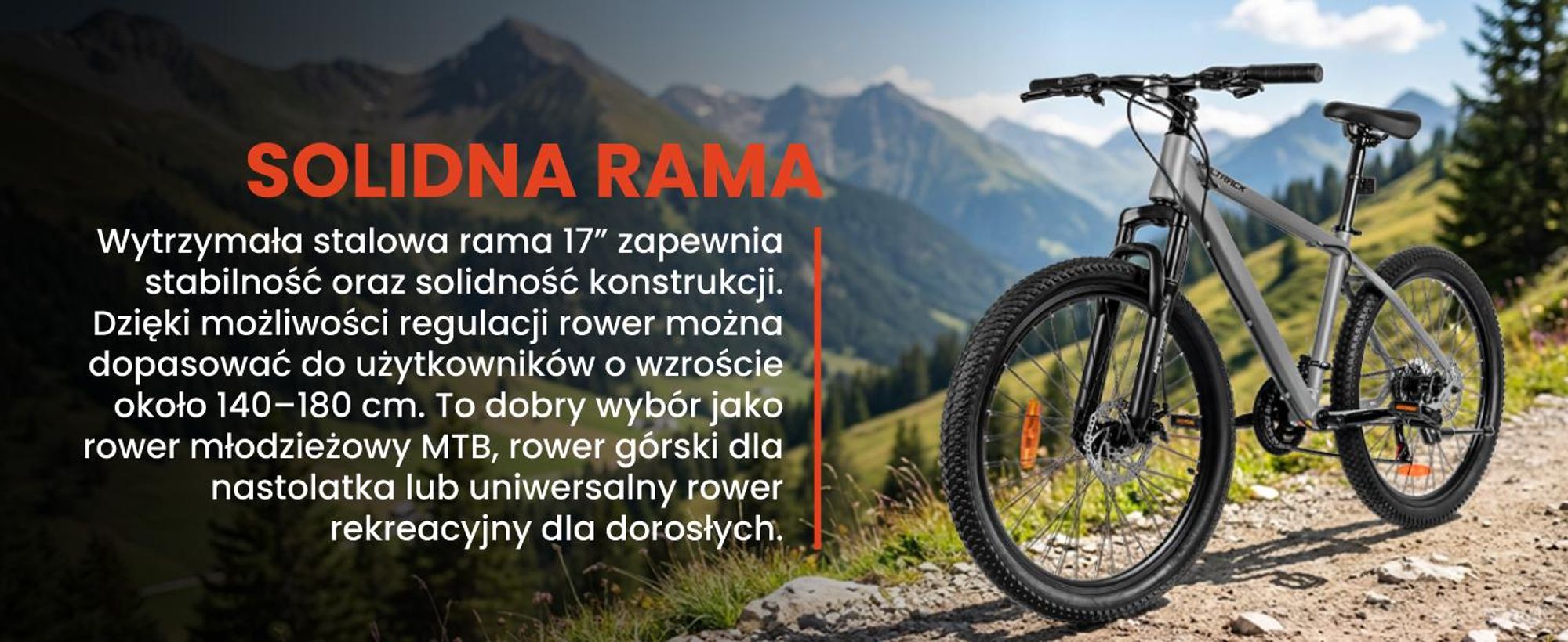 Rower górski z 26 calową ramą, hamulcami tarczowymi i amortyzatorem przednim w kolorze szarym