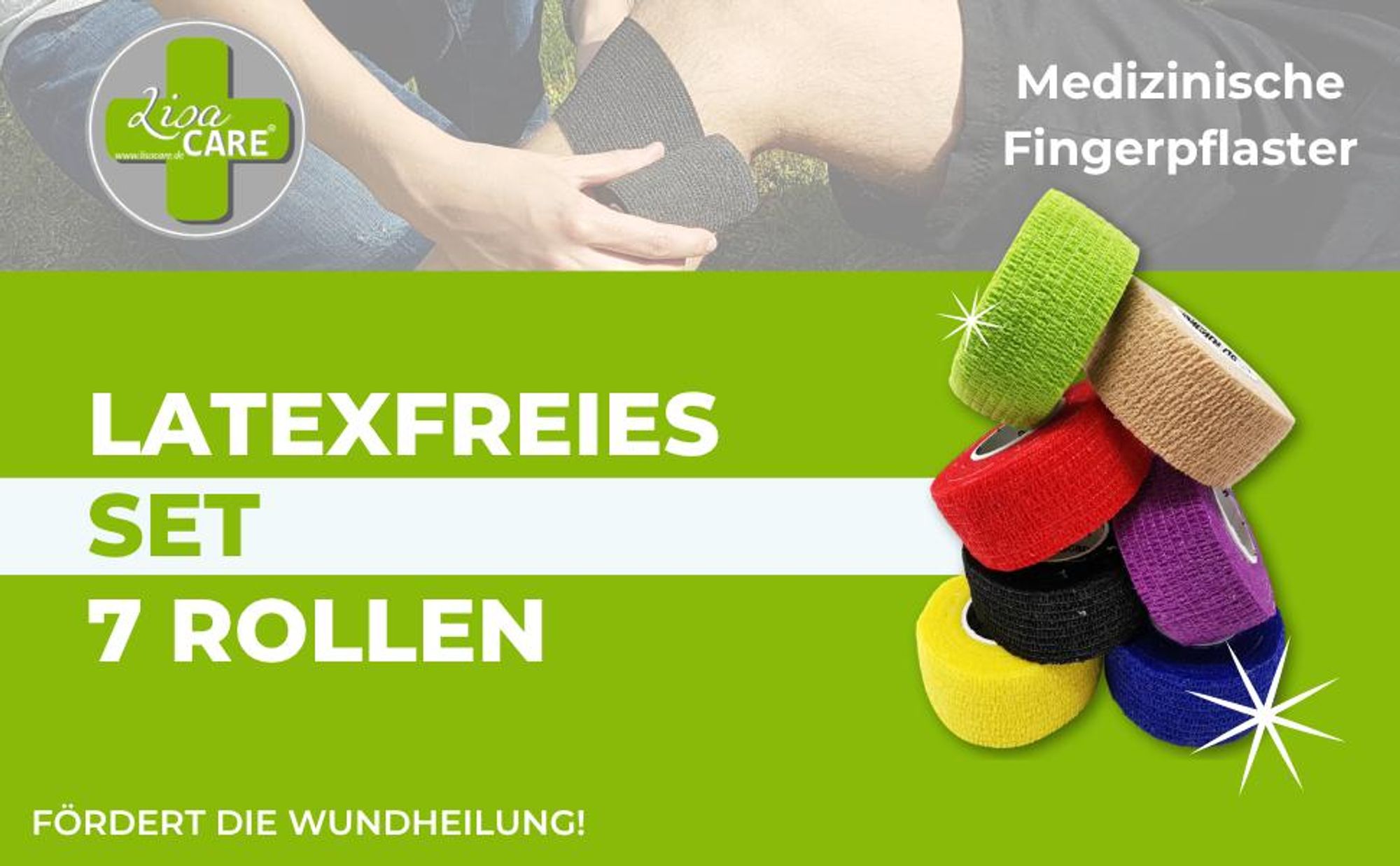 LisaCare Fingerpflaster - 2,5cm x 4,5m - Pflasterverband LATEXFREI - 7er Set Farbmix - Kohäsive Bandage