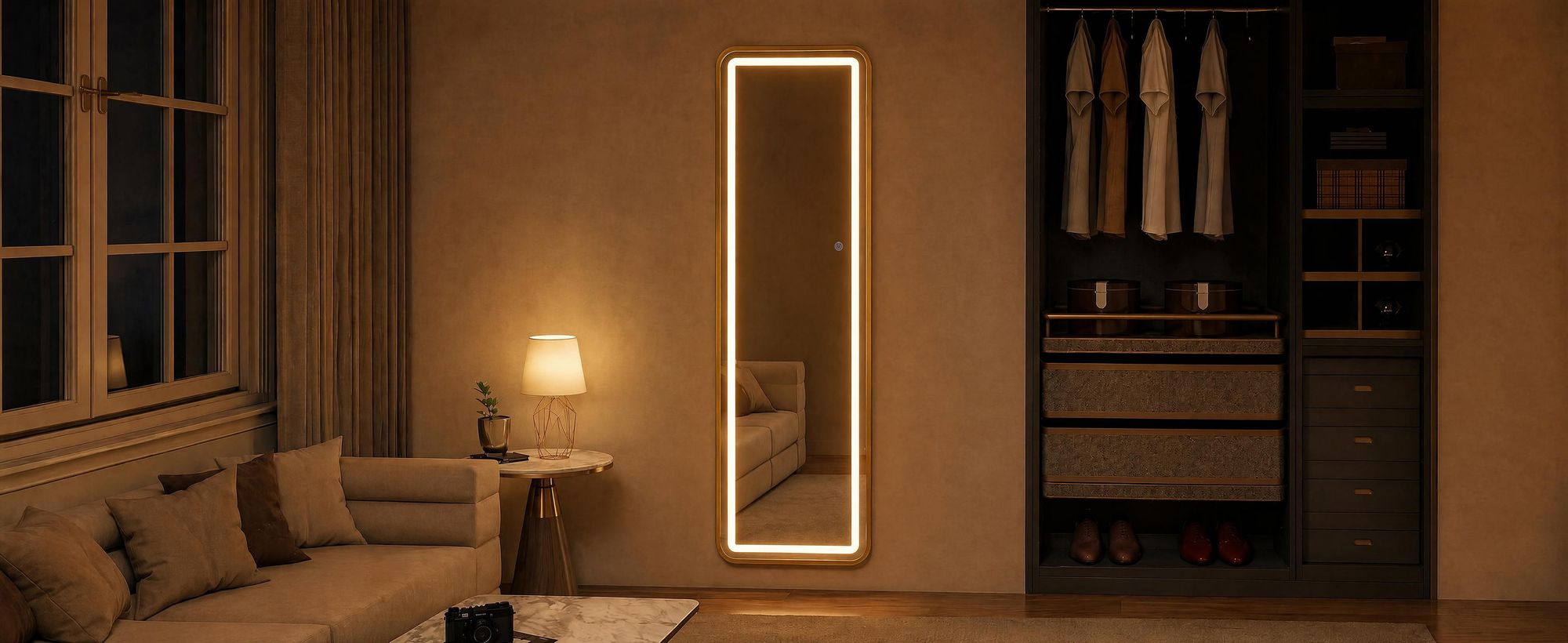 INONEFT Ganzkörperspiegel mit Beleuchtung 150x40 cm, Aluminiumrahmen, Spiegel Groß Dimmbar & 3000-6500K, Verstärktes Glas, Standspiegel, Goldene