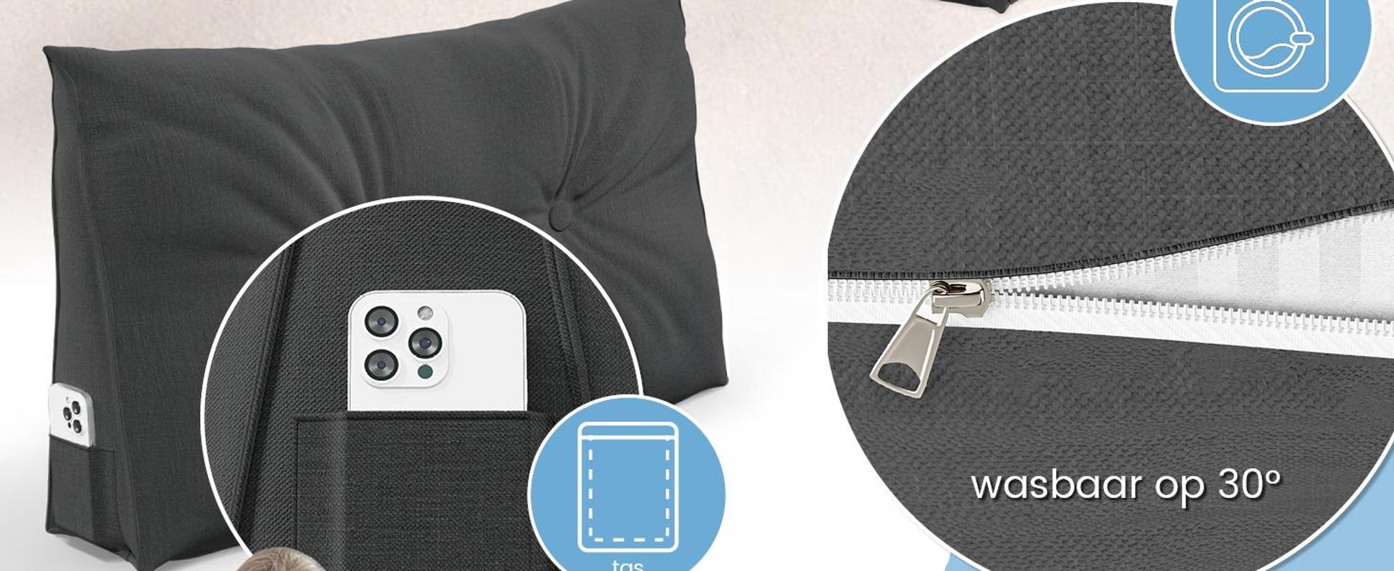 ELONEO rugkussen, 70 cm breed, geschikt als keilkussen voor bed en bank, driehoekig leeskussen, kussen met afneembare en wasbare hoes